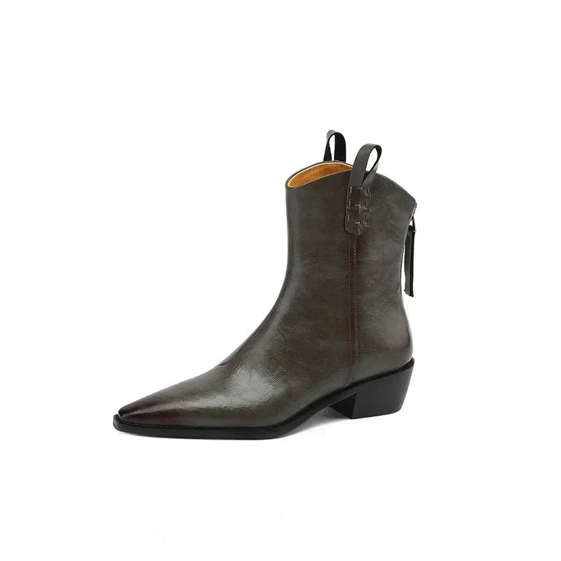 **Genuine Leather Western Boots for Women - Pointed Toe Chunky Heel Chelsea Ankle Boots, Retro Style for Autumn & Winter | Perfect for Cowgirl Fashion, Country Rides & Casual Outfits**