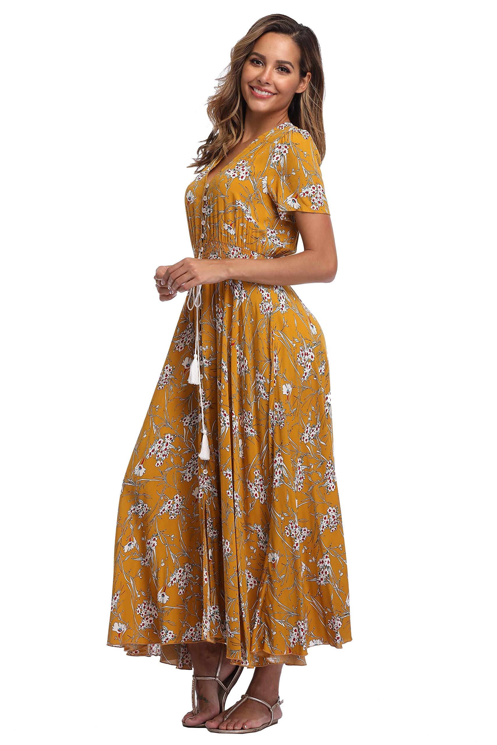 Ferrendo Women's Floral Maxi Dress with Button Up Front & Side Slit - Flowy Bohemian Summer Dress for Beach, Party & Vacation