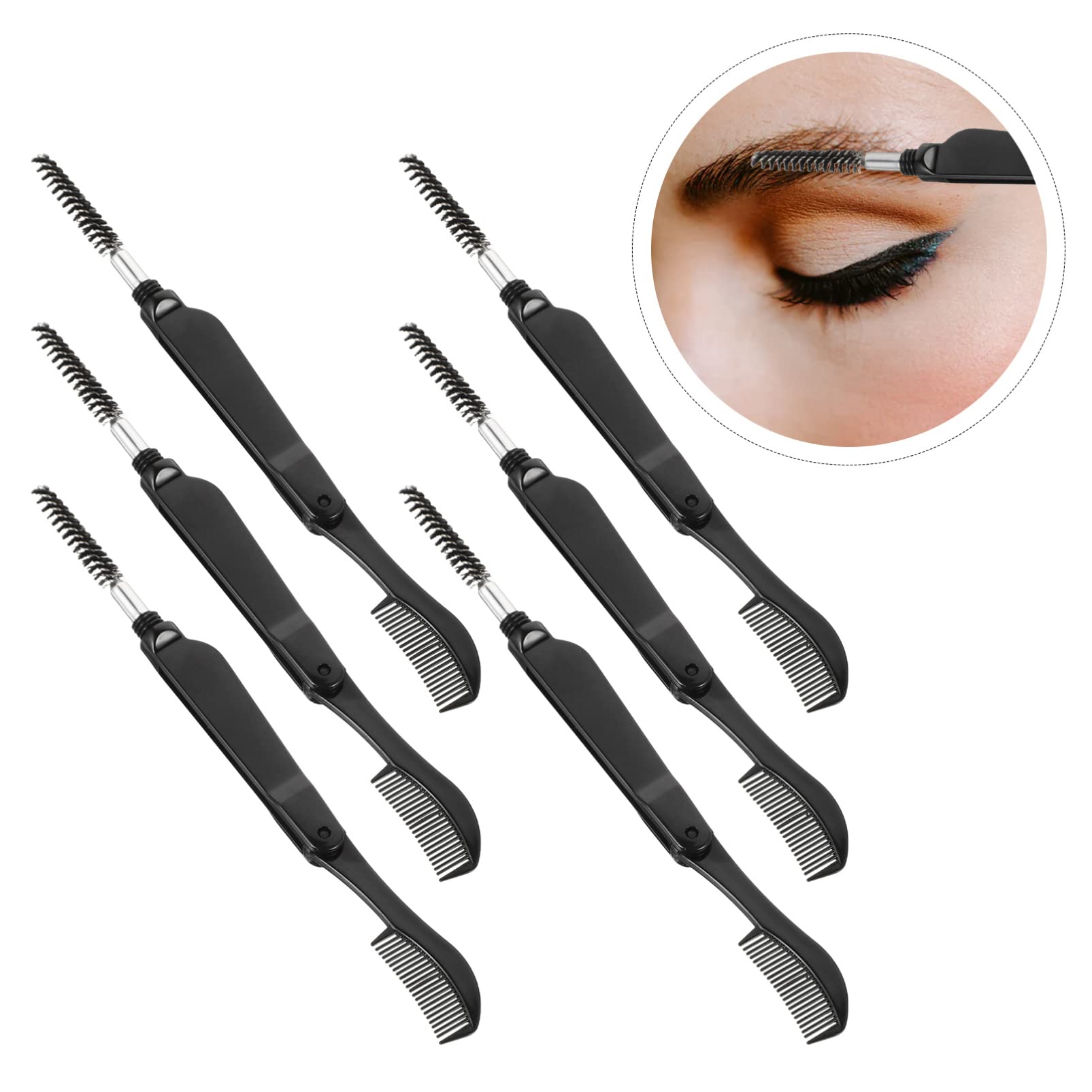 FRCOLOR 6-Piece Black Folding Eyelash & Eyebrow Brush Set - Double Ended Makeup Tools for Eyebrow Combing & Lash Styling | Perfect for Travel, Daily Makeup & Professional Beauty Kits