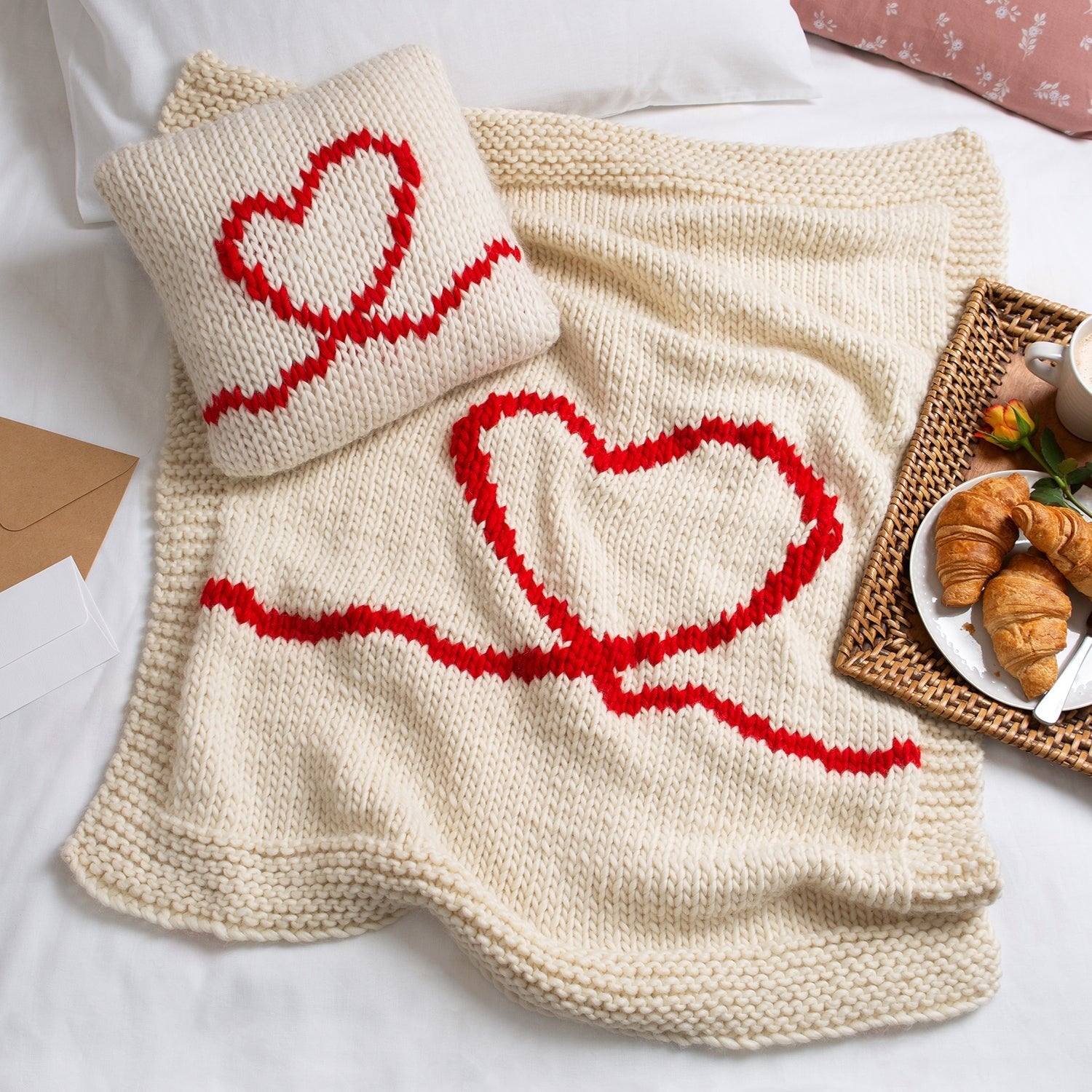Valentine's Day Knitting Kit - Cozy Blanket & Cushion Cover Set for DIY Lovers | Perfect for Romantic Gifts, Home Decor & Crafting Projects