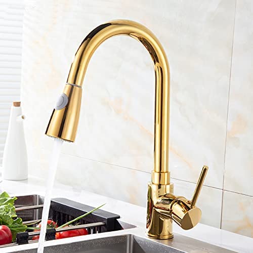 InArt Brass Single Lever Kitchen Sink Mixer - 360° Rotatable Pull Out Kitchen Faucet with Sprayer, Gold Finish | Perfect for Modern Home Kitchen, Restaurant & RV Use