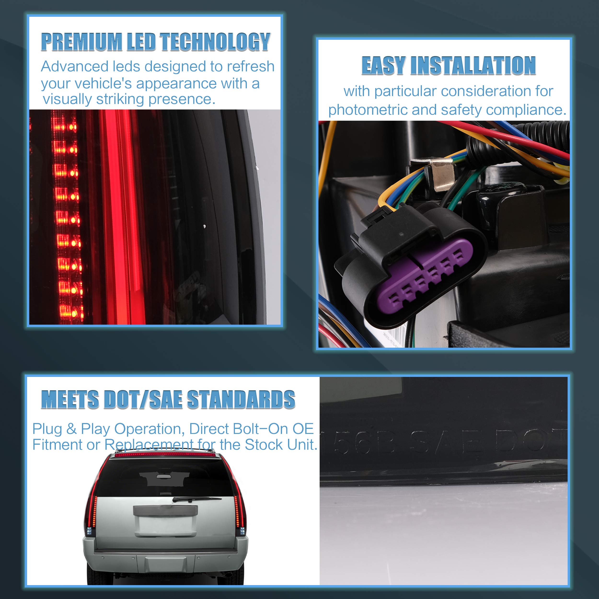 VLAND LED Tail Lights Assembly for 2007-2014 Cadillac Escalade & Escalade ESV - Smoked Lens, Red Turn Signal, 6 Hole 5 Pin Plug, Plug & Play (Not Compatible with GMC/Chevrolet) - Upgrade Your SUV's Style & Night Visibility