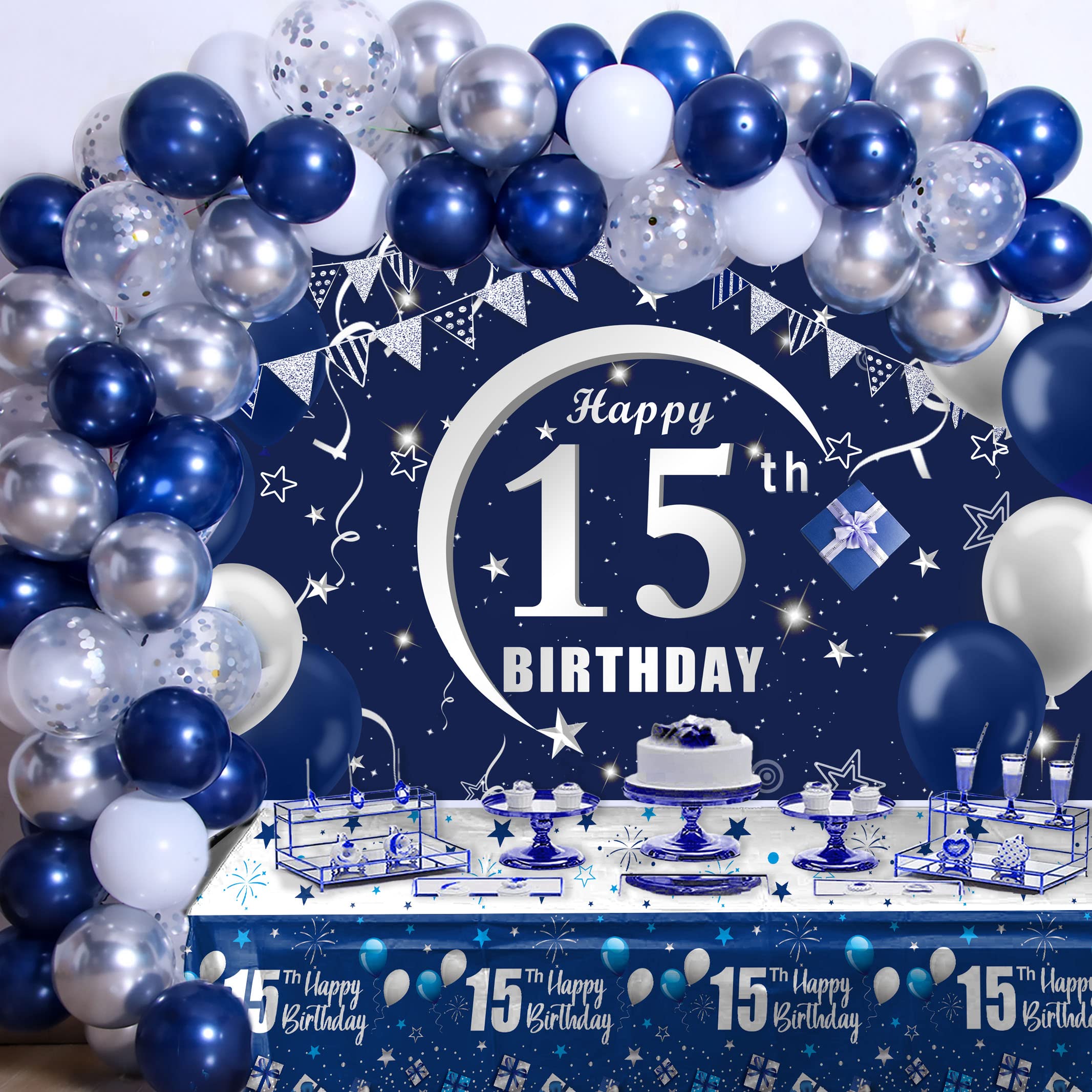 **Happy 15th Birthday Decorations Kit for Boys & Girls - Navy Blue Backdrop, Tablecloth, Balloon Garland - Perfect for Teen Birthday Parties, Sweet 16 Prep, and Milestone Celebrations**