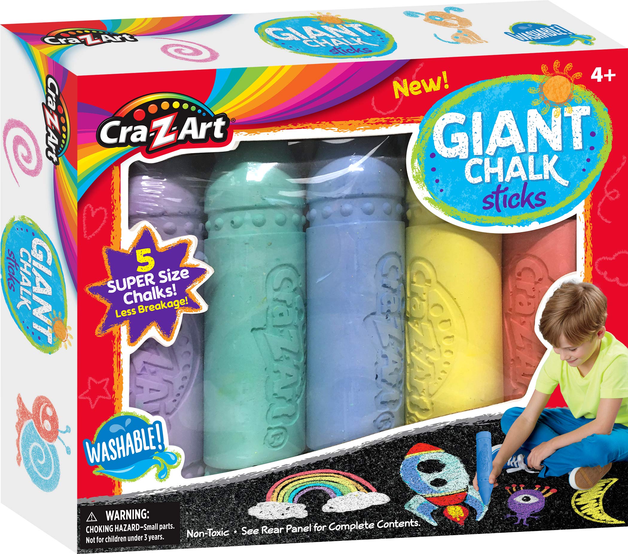 Cra-Z-Art Giant Sidewalk Chalk Sticks - 5 Count Pack for Kids Outdoor Play, Driveway Art & Backyard Fun