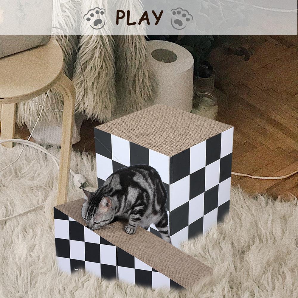 Durable Cat Scratching Board with Ball - 2-in-1 Triangle Cardboard Scratcher & Lounge Bed for Cats - Multiple Scratching Angles, Recyclable Furniture Protector (Black & White) - Perfect for Indoor Play & Sofa Protection