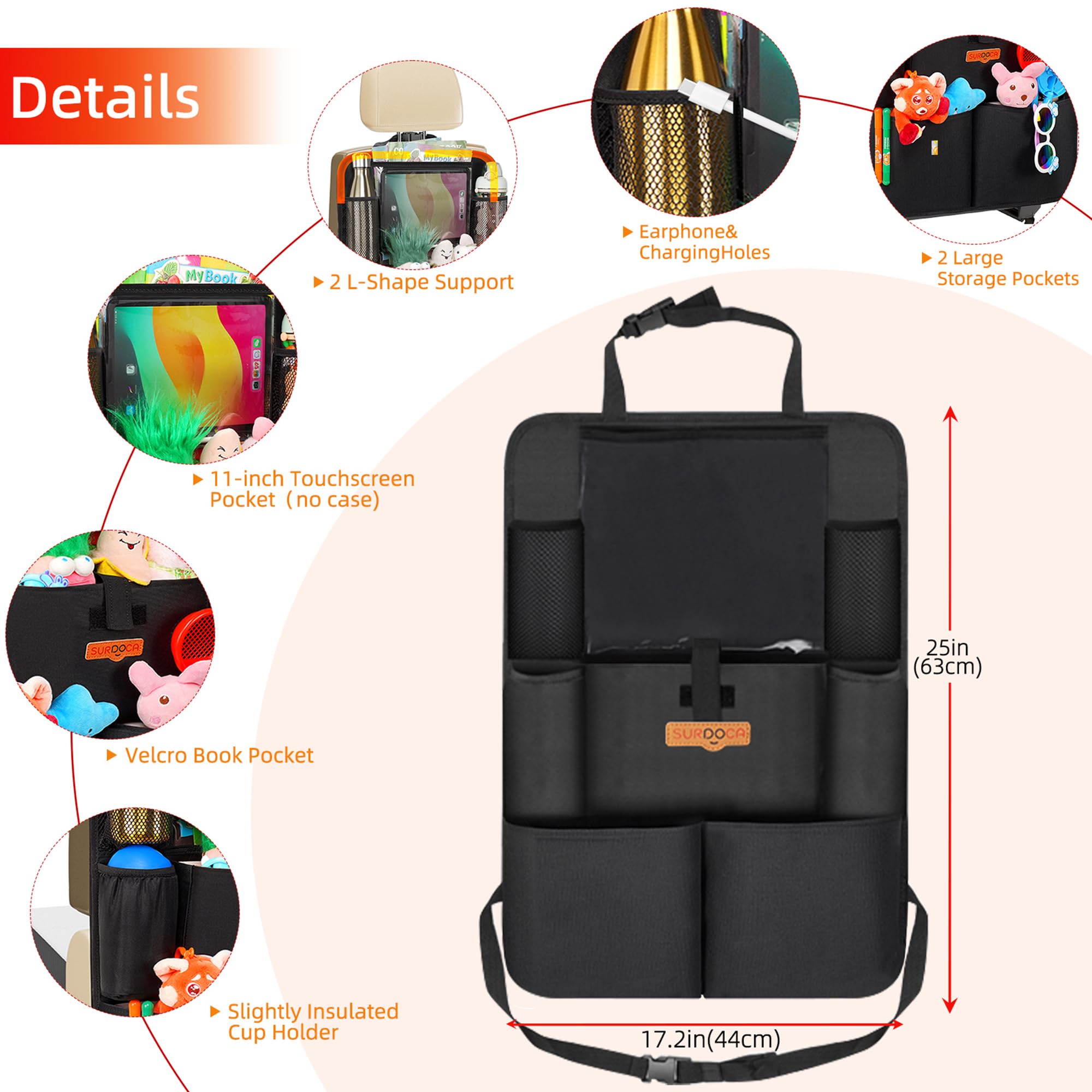 SURDOCA Upgraded Car Organizer with 11-inch Tablet Holder, 8-Pocket Backseat Storage, Car Seat Protector for Kids, Perfect for Road Trips and Family Travel