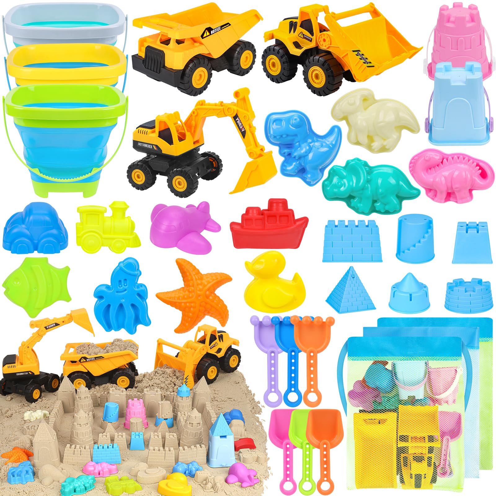 **35Pcs Beach Toys Set with Sand Molds, Shovels, Buckets & Mesh Bag – Sandbox & Castle Building Kit for Kids – Perfect for Outdoor Play, Travel & Beach Activities**
