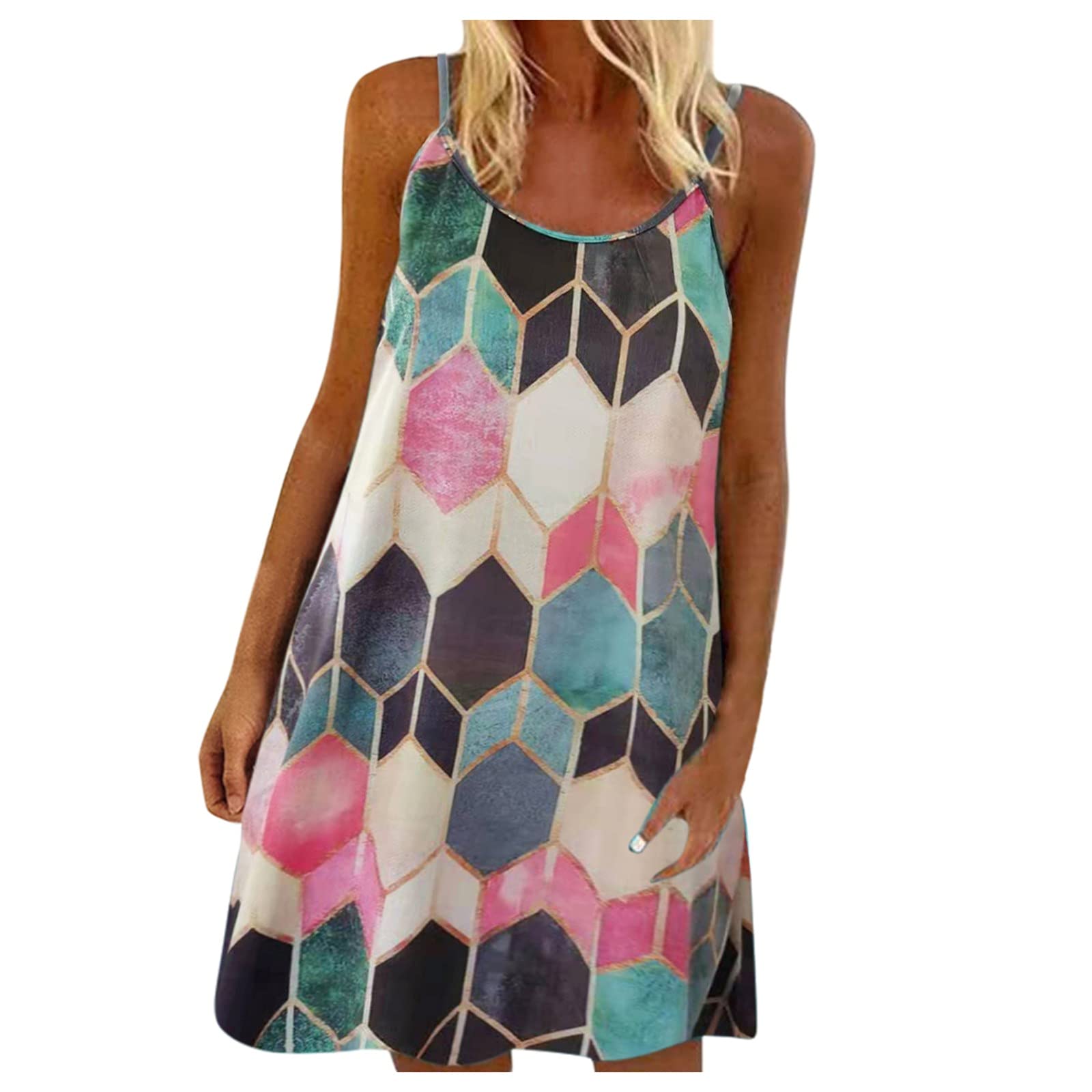 2022 Women's Spring Casual Floral Print Mini Dress - Loose Fit O-Neck Camisole Sundress for Outdoor, Beach & Summer Vacation