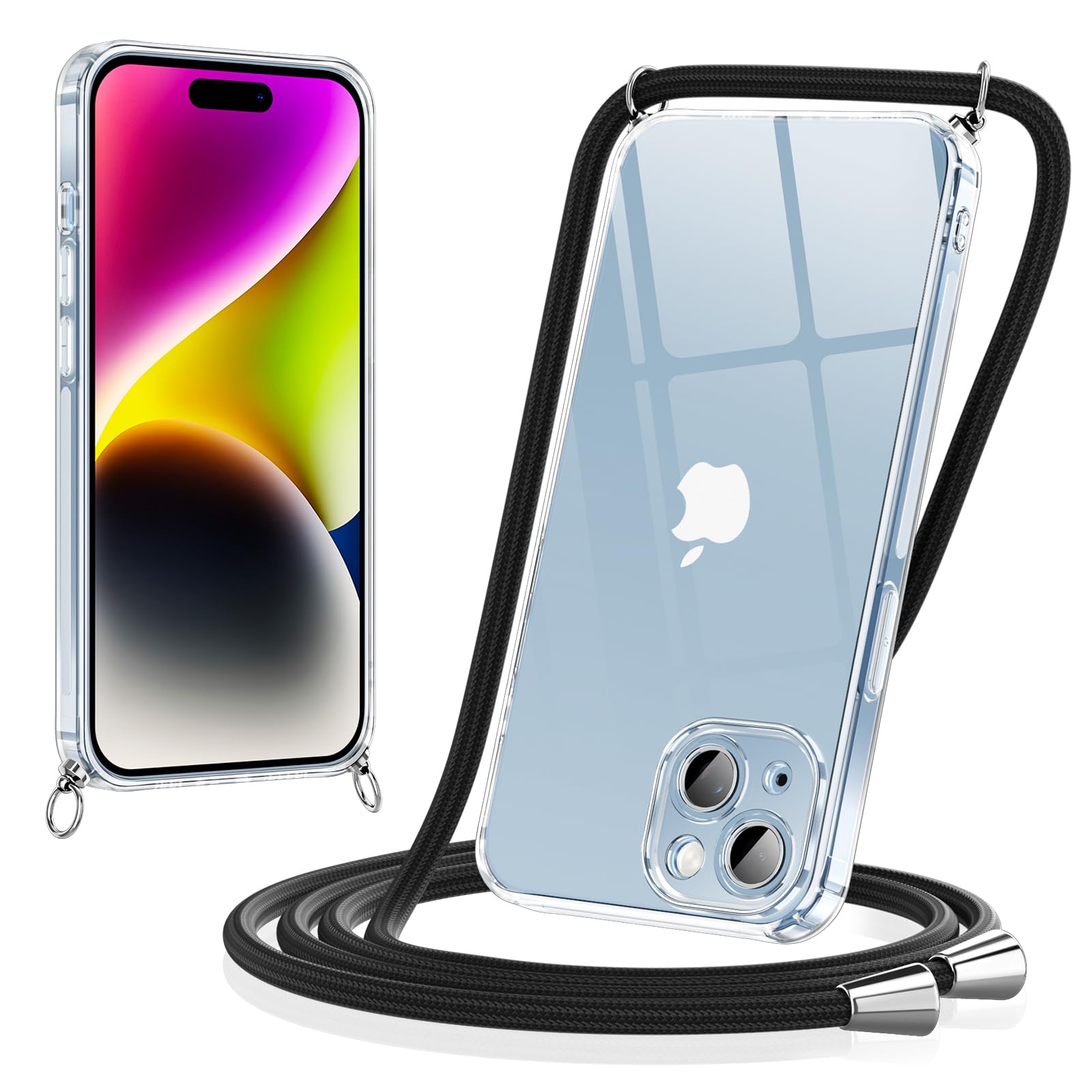 Coiwxmoi iPhone 14 Case 6.1 Inch - Ultra Thin Clear TPU Silicone Shockproof Phone Cover with Adjustable Lanyard, Anti-Scratch Protective Bumper for iPhone 14 (Black) - Perfect for Work, Travel and Everyday Use