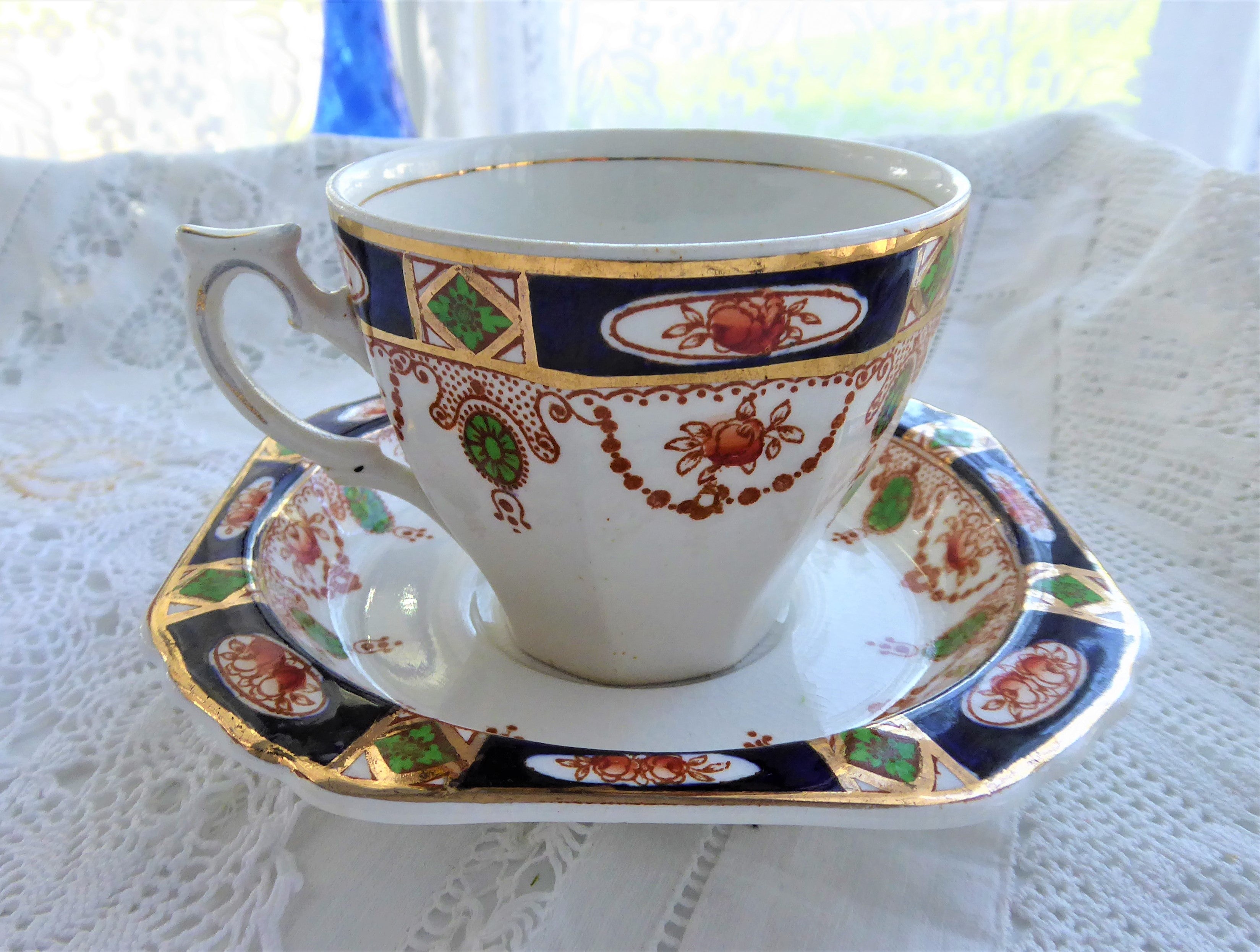 Vintage Imperial Derby Imari Cup and Saucer Set - Cobalt Blue & Rust Design by T. Hughes England 1920s Antique Tea Set for Collectors & Afternoon Tea Lovers