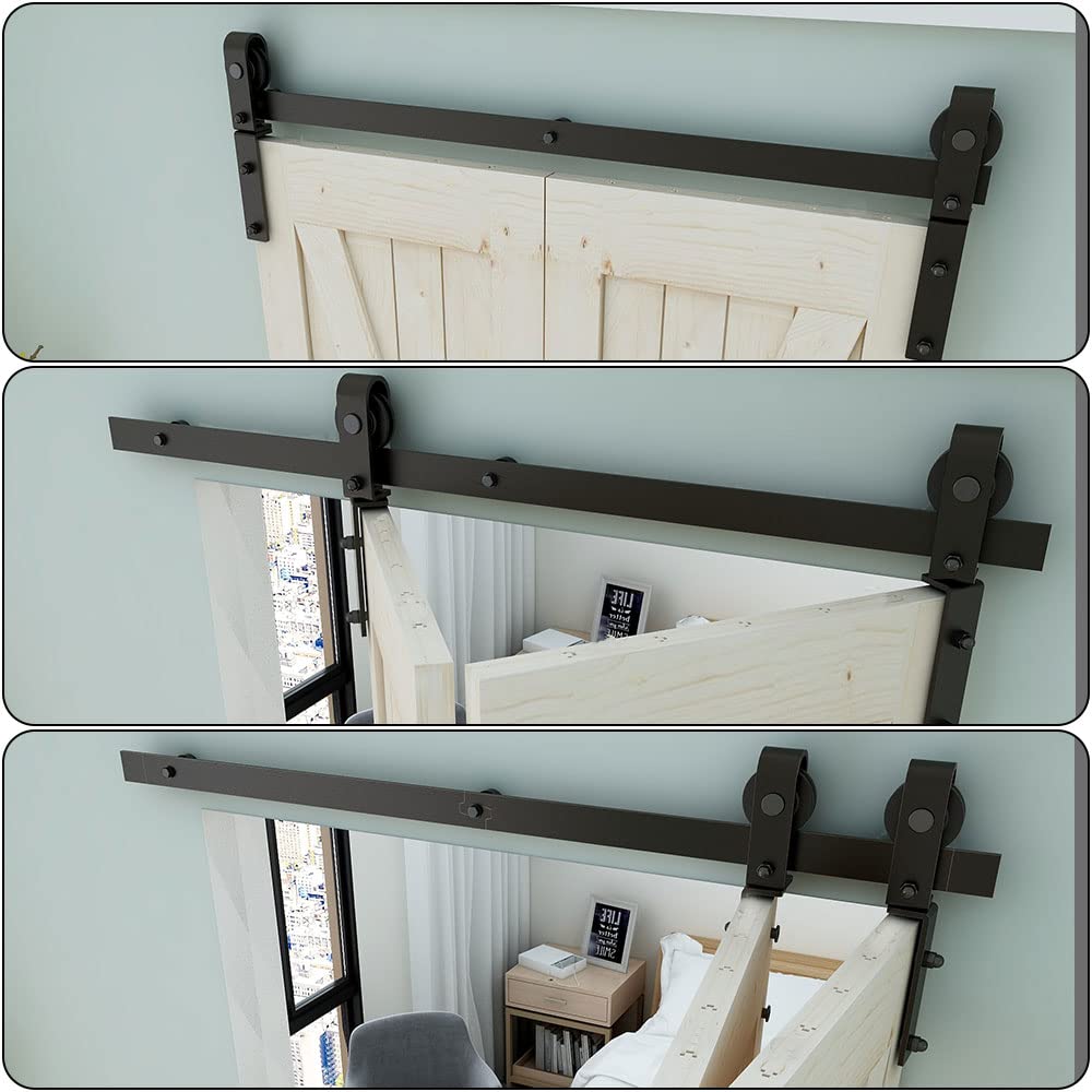 4FT Heavy Duty Bi-Folding Sliding Barn Door Hardware Kit - Smooth & Quiet Operation, Easy Installation for Double Doors (No Door Included) - Perfect for Bedroom Closets, Pantries and Home Office Spaces
