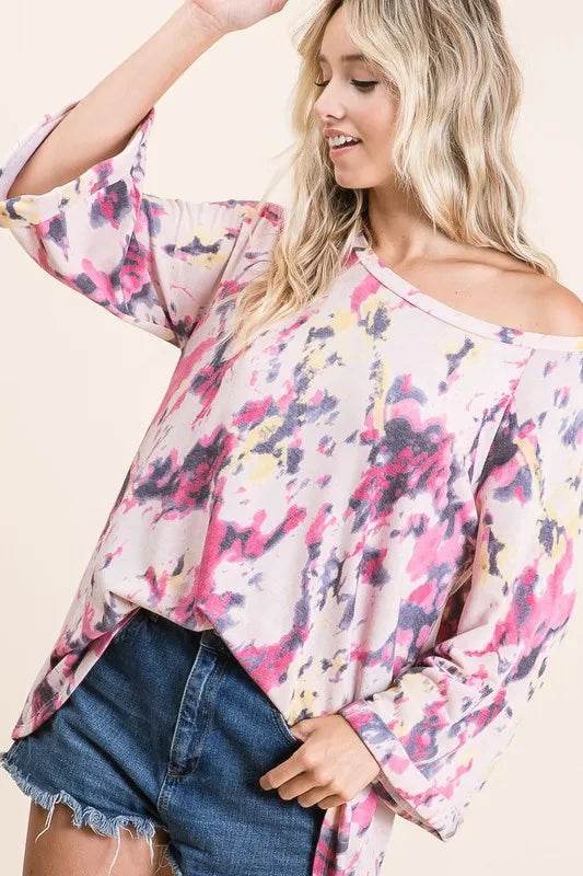 BiBi Tie Dye Print Terry A-Line Top with Bell Sleeves | Women's Boho Chic Casual Shirt | Perfect for Music Festivals & Summer Outfits