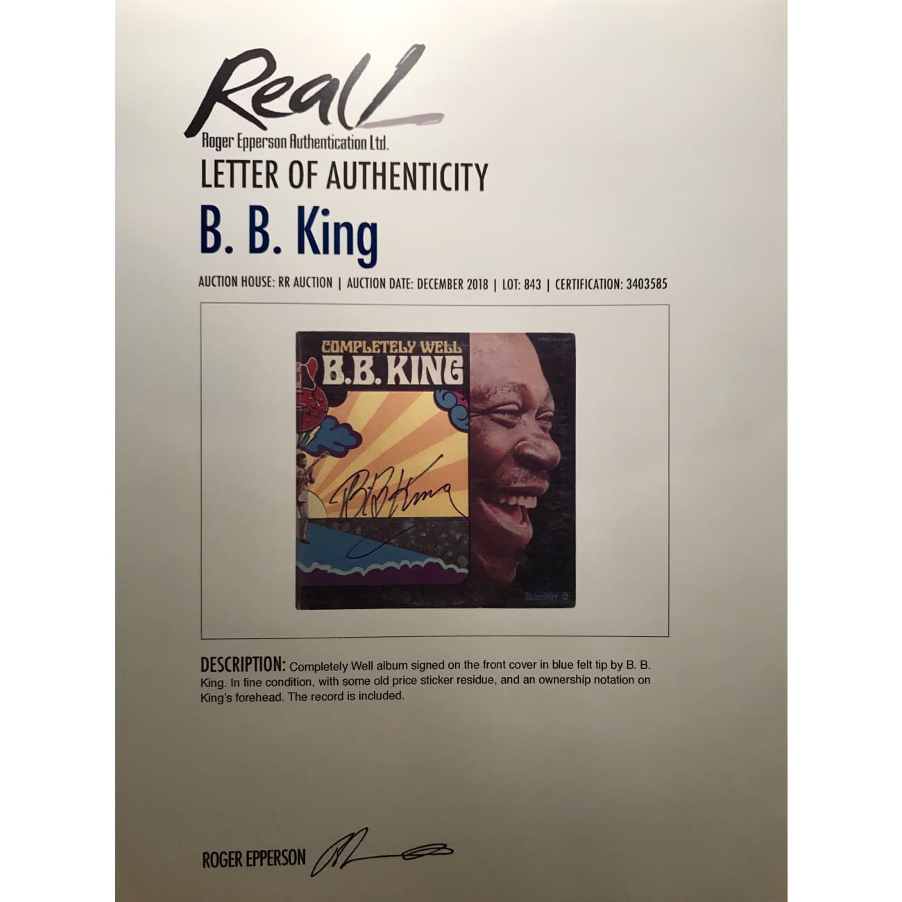 Authentic Signed B.B. King Album with Epperson COA - Rare Collectible Music Memorabilia for Fans & Vinyl Enthusiasts - Perfect for Display in Music Rooms, Man Caves & Collector's Showcases