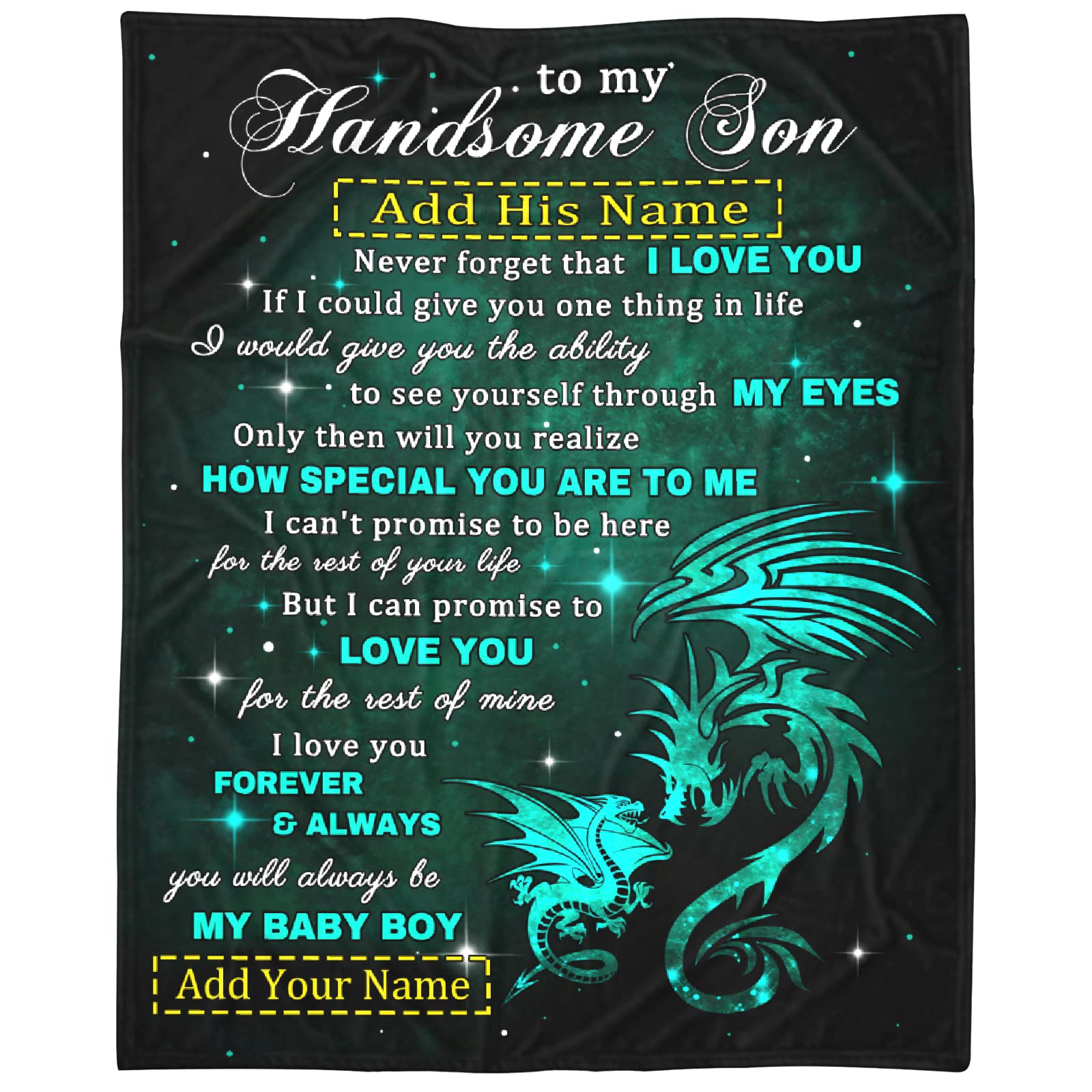 Personalized Dragon Blanket for Son - Custom Name Gift from Mom & Dad | 90x120 Inch Lightweight Flannel Throw Blanket for Boys & Men | Super Soft Comfy Blanket for Birthday, Christmas, Couch, Sofa Decor | Perfect for Snuggling, Gifting & Home Decoration