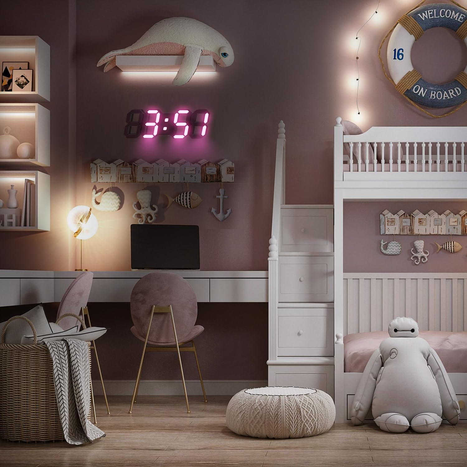 COVERY 10'' Pink Digital Wall Clock with 3D LED Display - Large Numbers, Alarm, Snooze, Temperature, Nightlight & Remote Control | Perfect for Girls Room, Bedroom Decor & Valentine's Gift