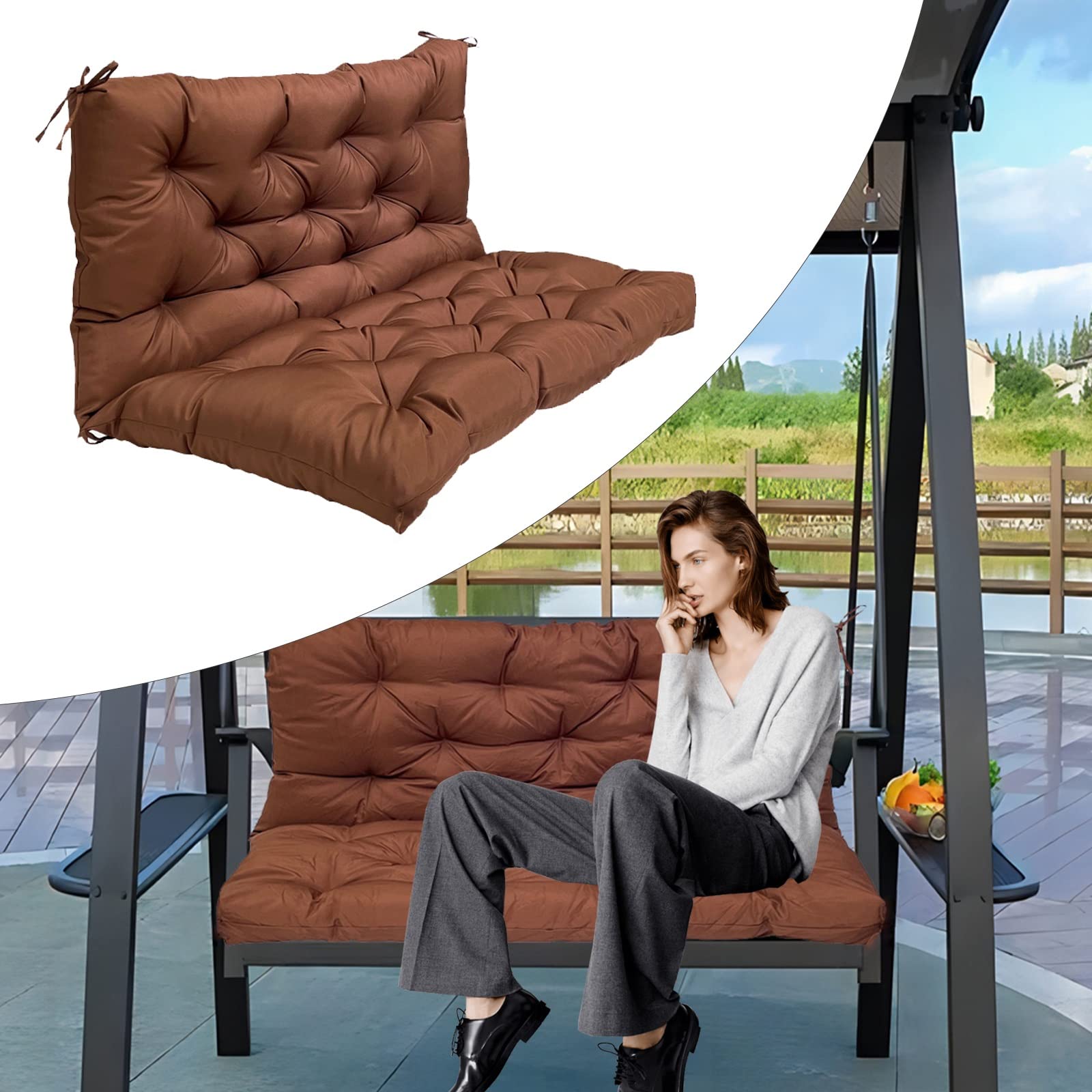 MDYHPN Premium Swing Seat Cushion with Backrest - Thickened Waterproof Outdoor Bench Pad - Replacement Hammock Seat Mat for Garden, Patio, Porch - Comfortable Canopy Swing Cushion (Brown, 40x47 Inches) - Perfect for Relaxing in Backyard, Poolside or Deck