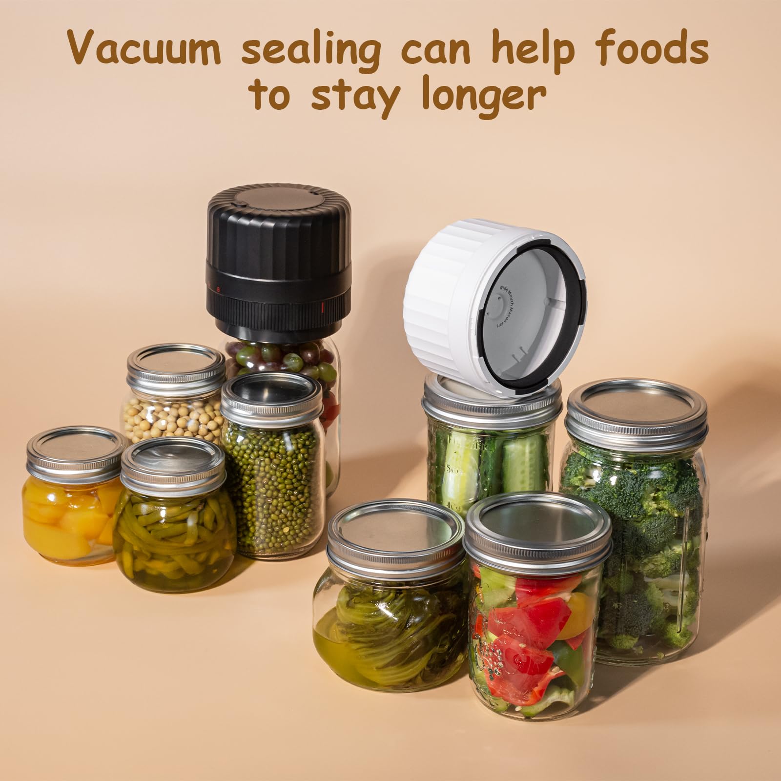 Automatic Mason Jar Vacuum Sealer Kit with Auto Stop - Food Preservation System for Canning, Pickling & Pantry Storage | Airtight Seal for Freshness | Perfect for Home Canning, Meal Prep & Long-Term Food Storage (Includes Black Lids)