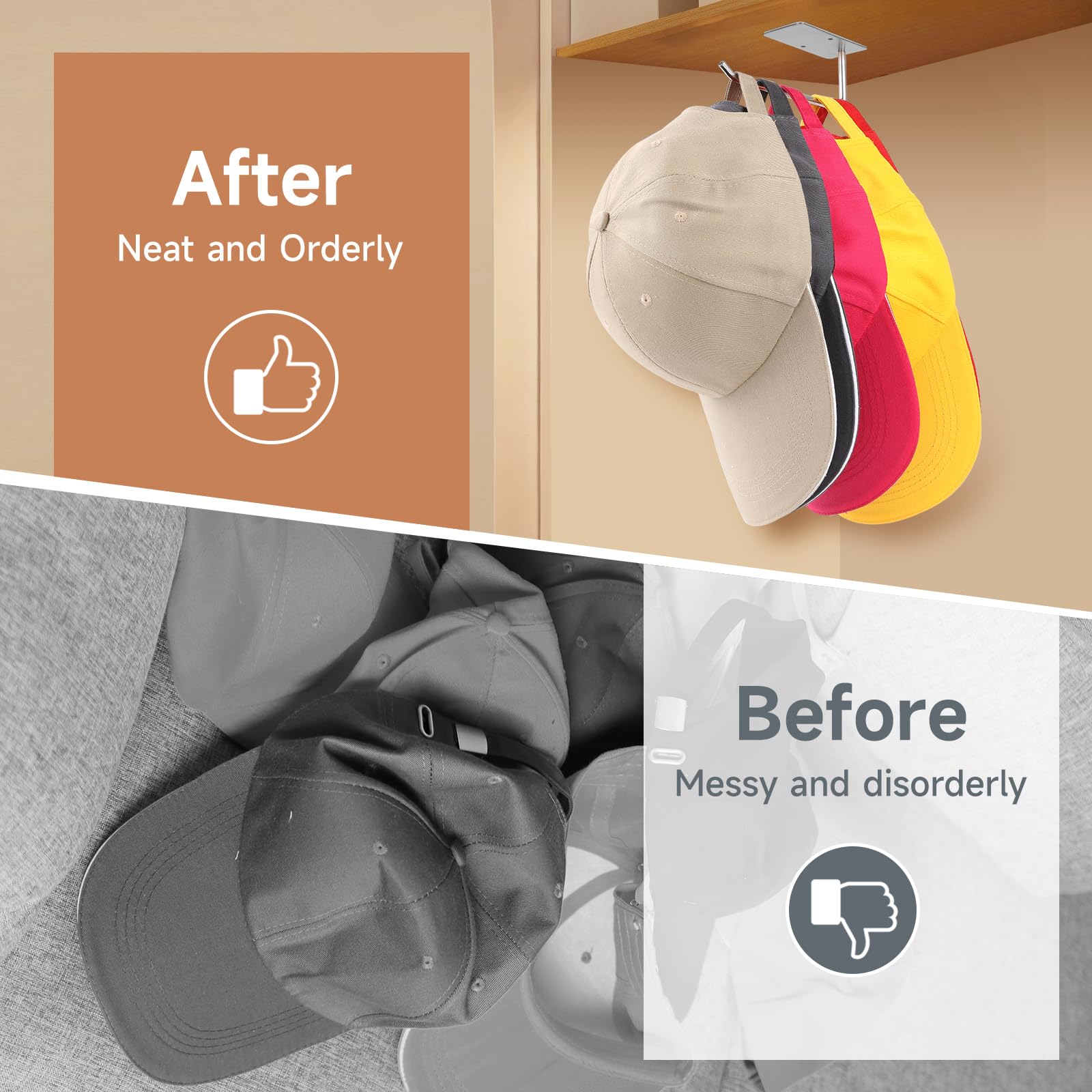 2 Pack Stainless Steel Wall Mount Hat Rack Organizer - Baseball Cap Hooks Holder for Closet & Bedroom Storage (Gloss Silver, Rectangular) | Space-Saving Solution for Caps, Hats & Accessories