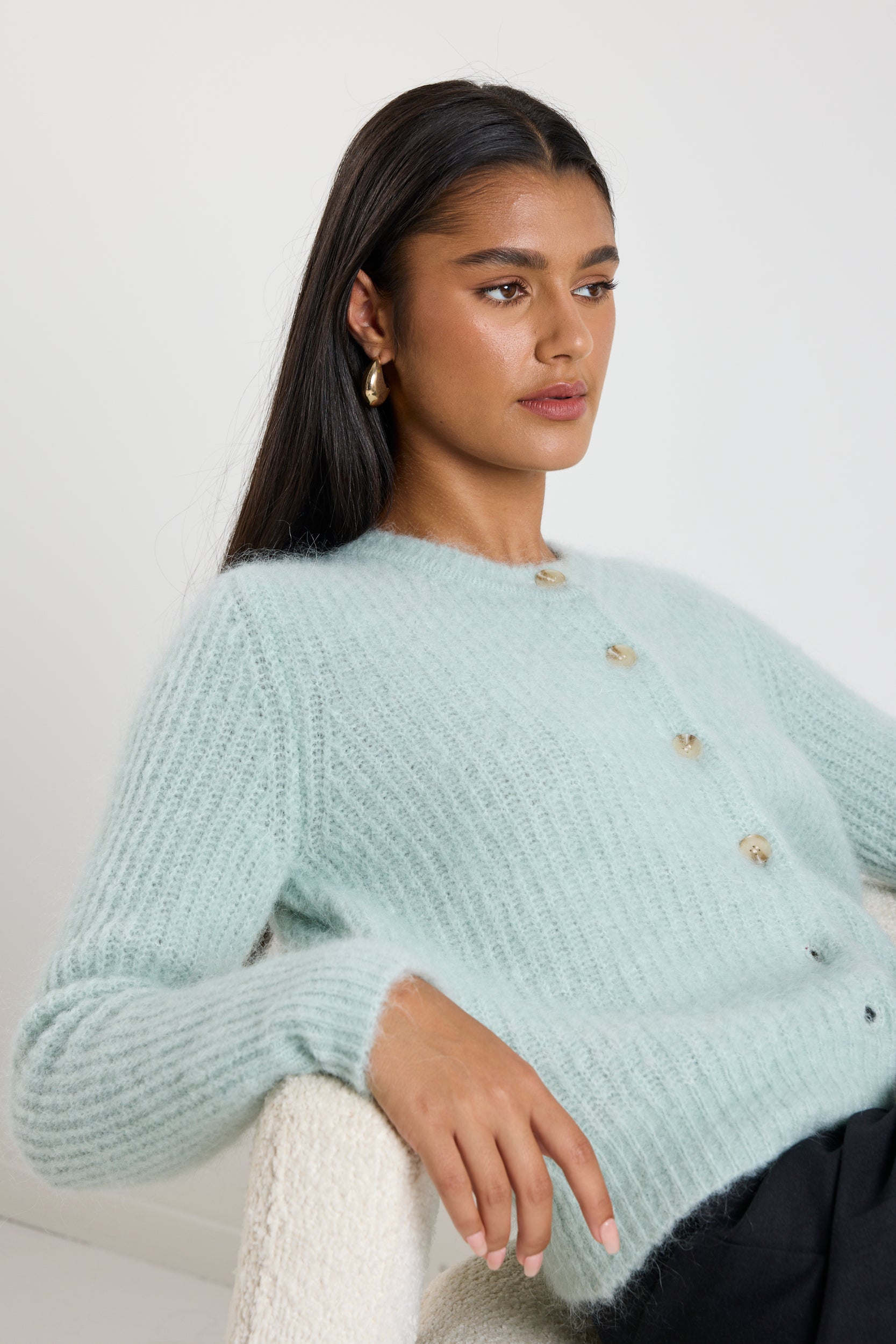 Stylish Compound Sea Foam Mohair Blend Crewneck Cardigan - Soft Chunky Knit Sweater for Women | Perfect for Fall & Winter Layering, Casual Outfits, and Cozy Home Wear