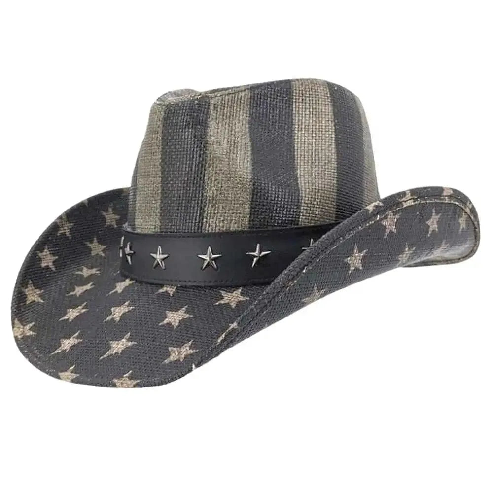 Deadwood Trading Liberty Shapeable Straw Cowboy Hat - American Flag Design for Western Style, Outdoor Festivals & Patriotic Events