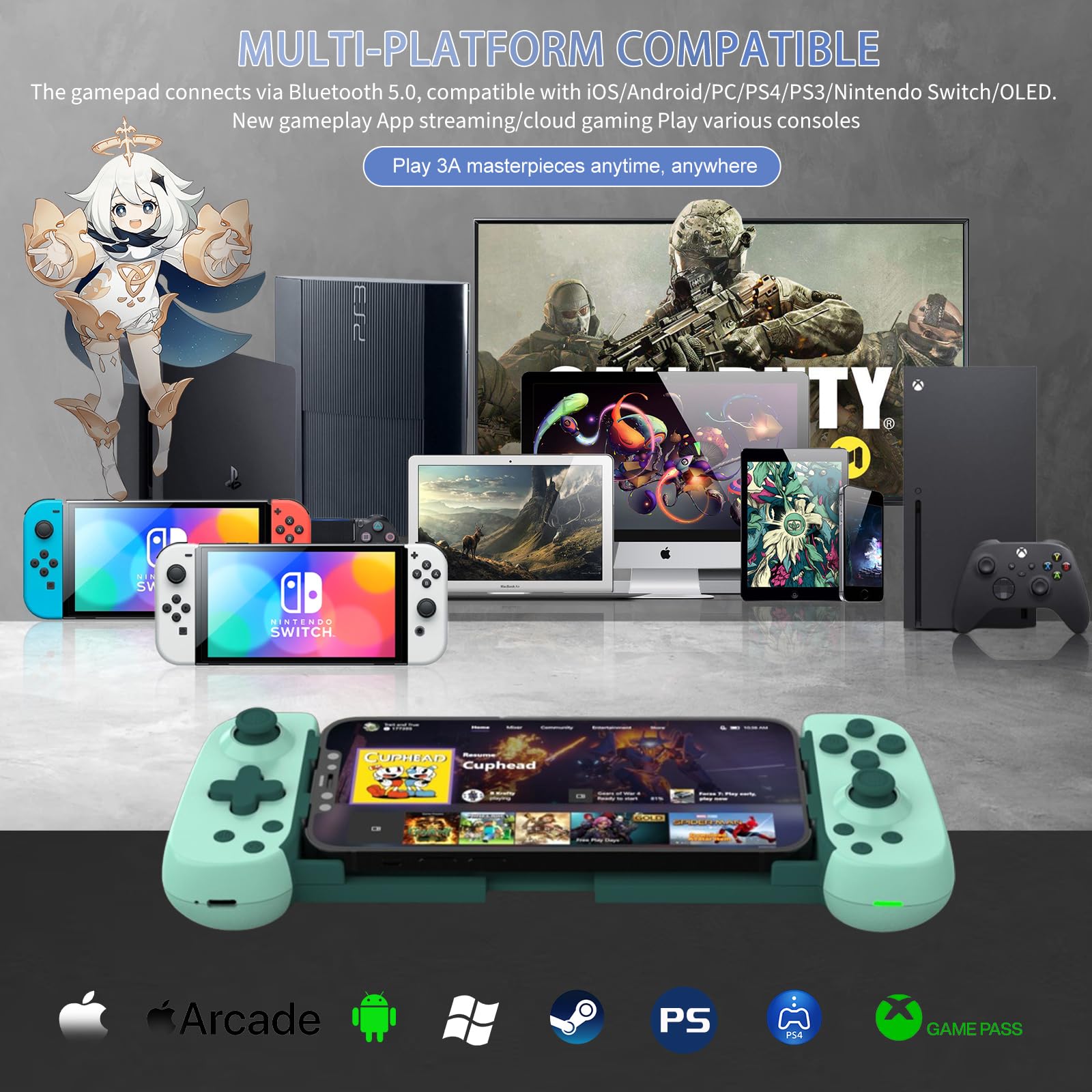 Wireless Gamepad for iPhone Android PC - 6-Axis Gyro & Dual Motors - Green - Perfect for Cloud Gaming & Console Streaming