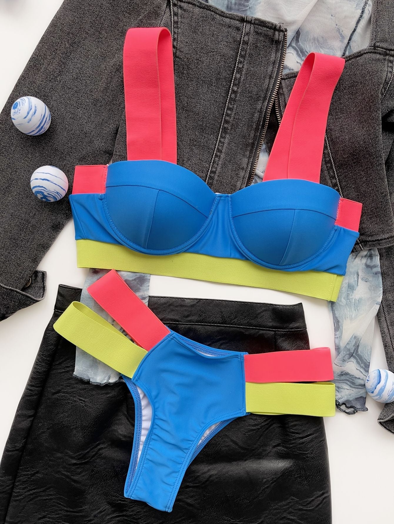 Sexy Push Up Bikini Set - High Waisted Bandage Swimwear with Color Block Patchwork Design | Perfect for Beach Vacations, Pool Parties & Summer Getaways