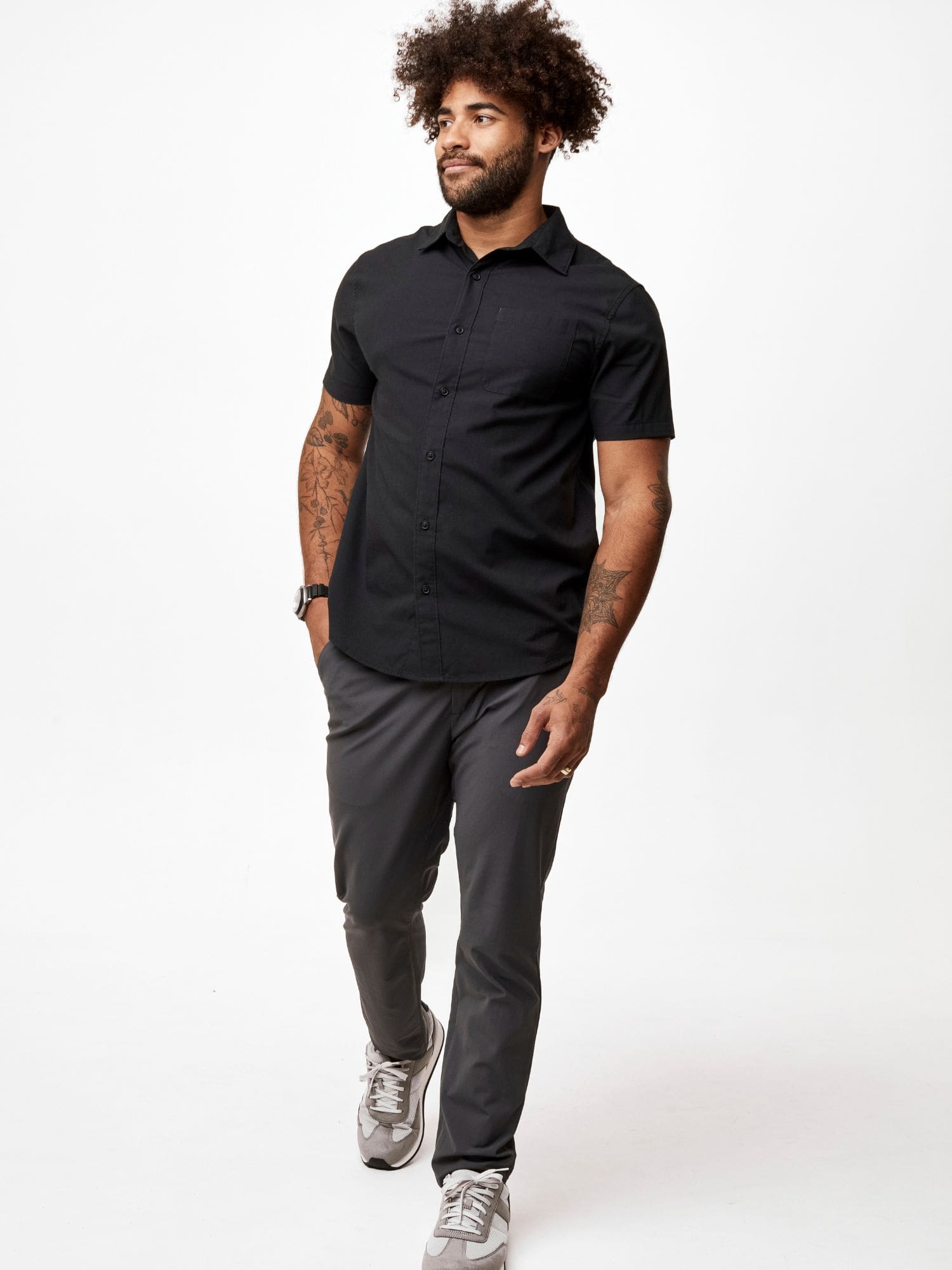 Men's Black Stretch Short Sleeve Button Up Shirt - Casual Office Wear & Summer Outfits