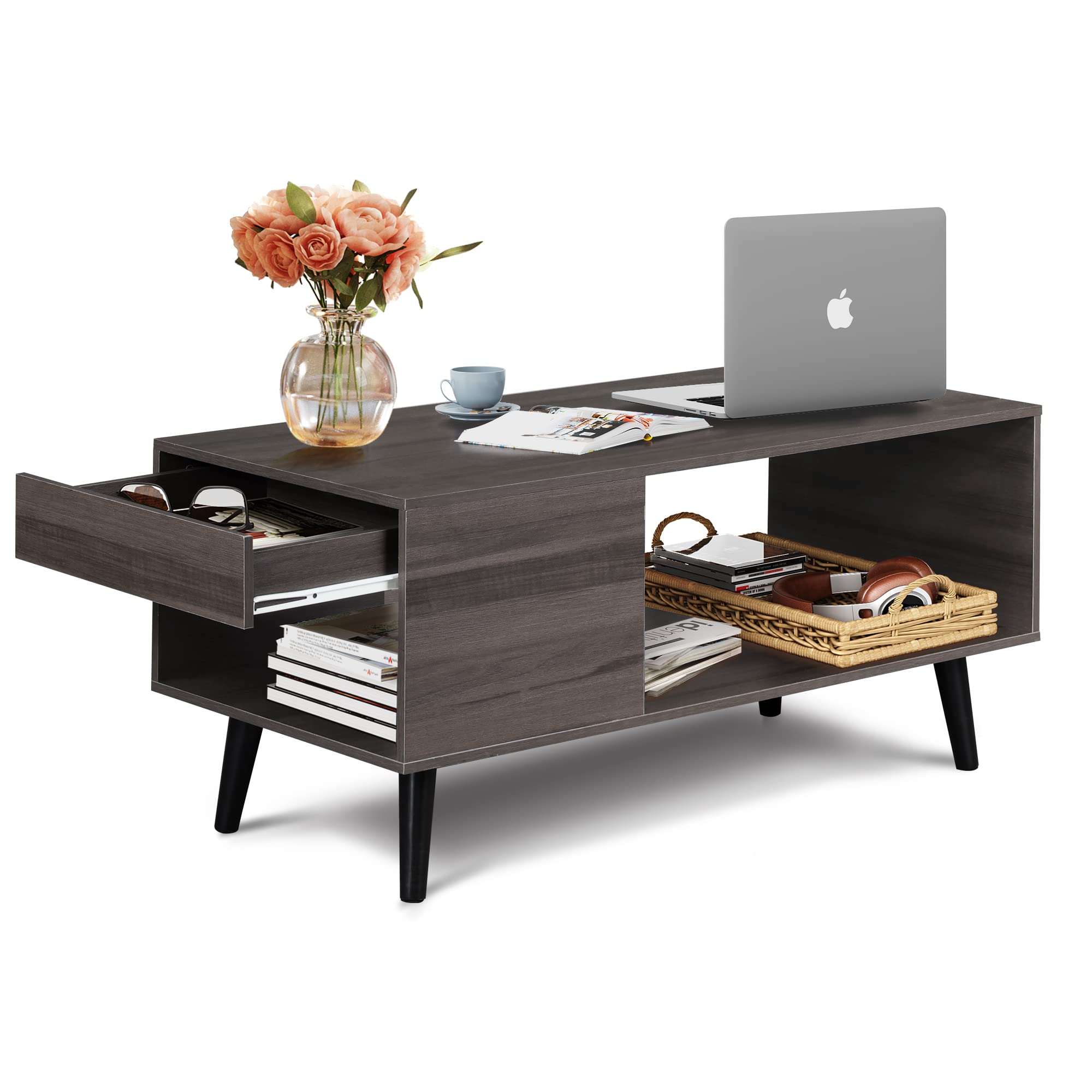 Modern Grey Wood Coffee Table with Storage Drawer - Mid-Century Small Living Room Table for Home Decor | Perfect for Apartments, Dorms & Cozy Spaces