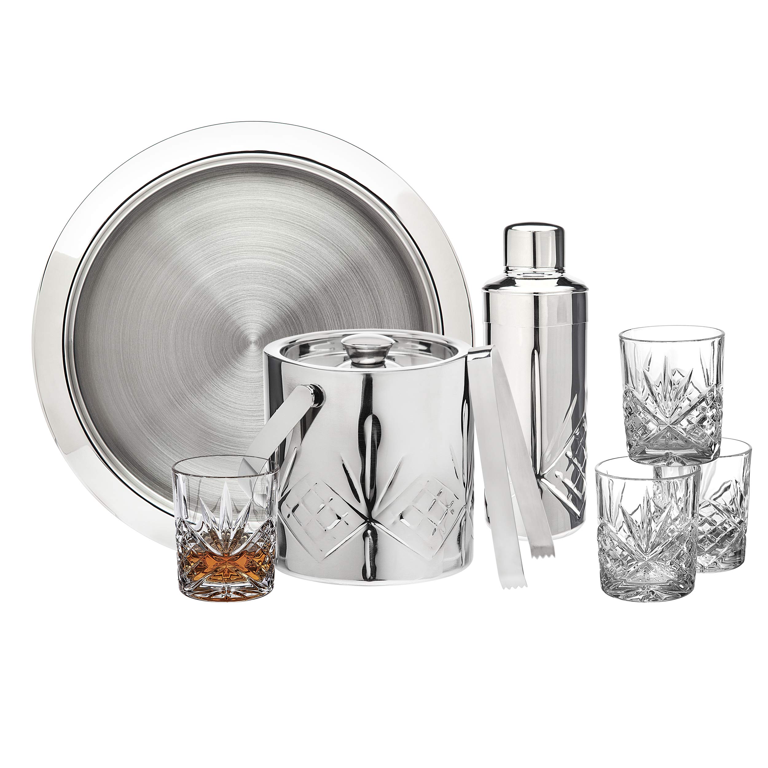 Godinger Dublin Collection 15-Piece Bar Set - Stainless Steel Cocktail Shaker, Ice Bucket with Tongs, 4 Old Fashioned Glasses & Serving Tray - Perfect for Home Bars, Parties & Cocktail Making