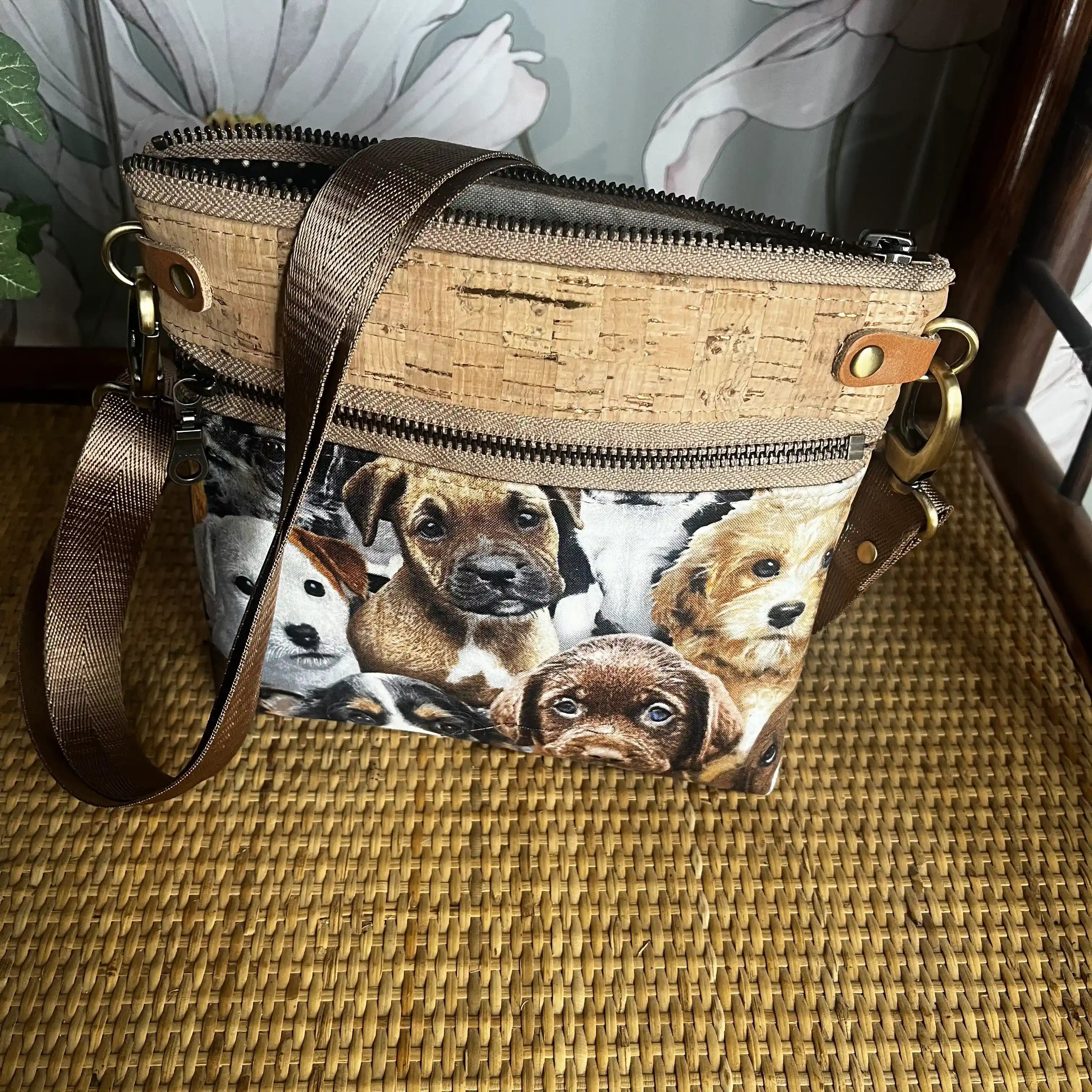 Izzy's Mom Cross Body Bag (Medium) - Adorable Puppies Design with Brushed Antique Finish | Perfect for Everyday Use, Travel, and Casual Outings