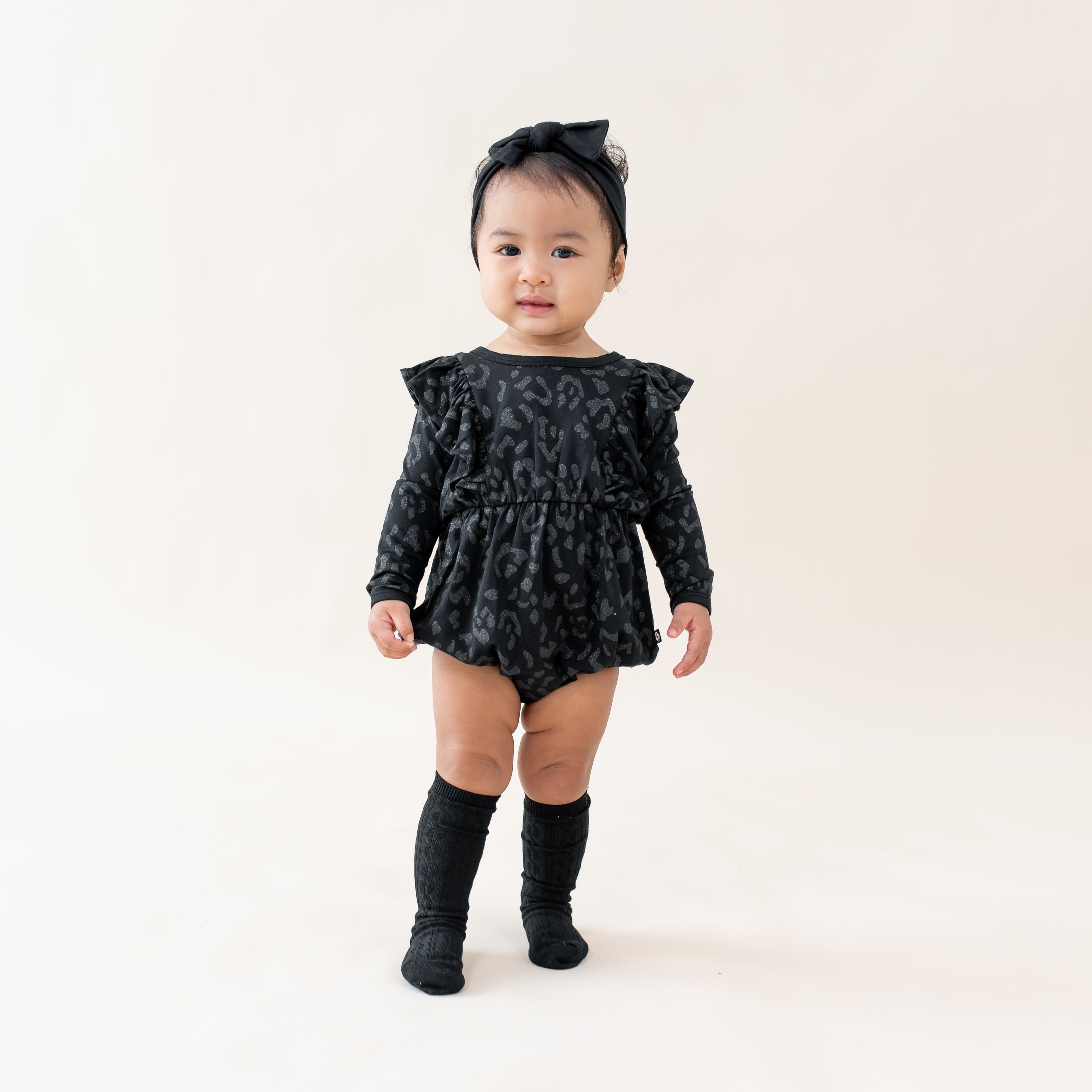 Midnight Leopard Long Sleeve Bubble Romper for Baby Girls | Soft & Comfortable Jumpsuit | Perfect for Playdates, Photo Shoots & Holiday Outfits
