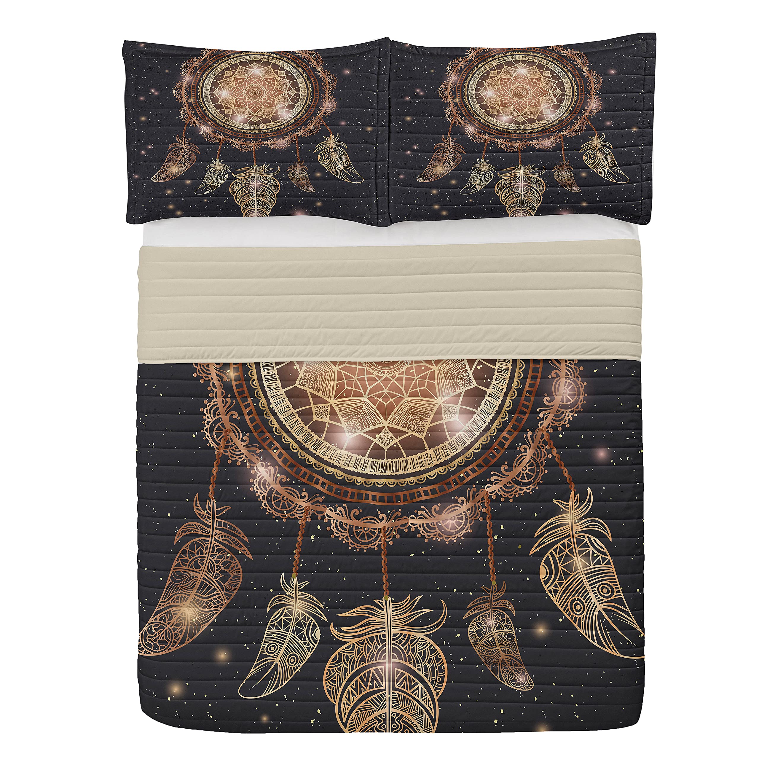 Ambesonne Mandala Microfiber Bedspread Set - Bohemian Dreamcatcher & Feather Design on Starry Night Background, Soft Queen Size Bedding Set with Pillow Shams & Comforter in Dark Brown | Perfect for Boho Chic Bedrooms, Guest Rooms & Meditation Spaces