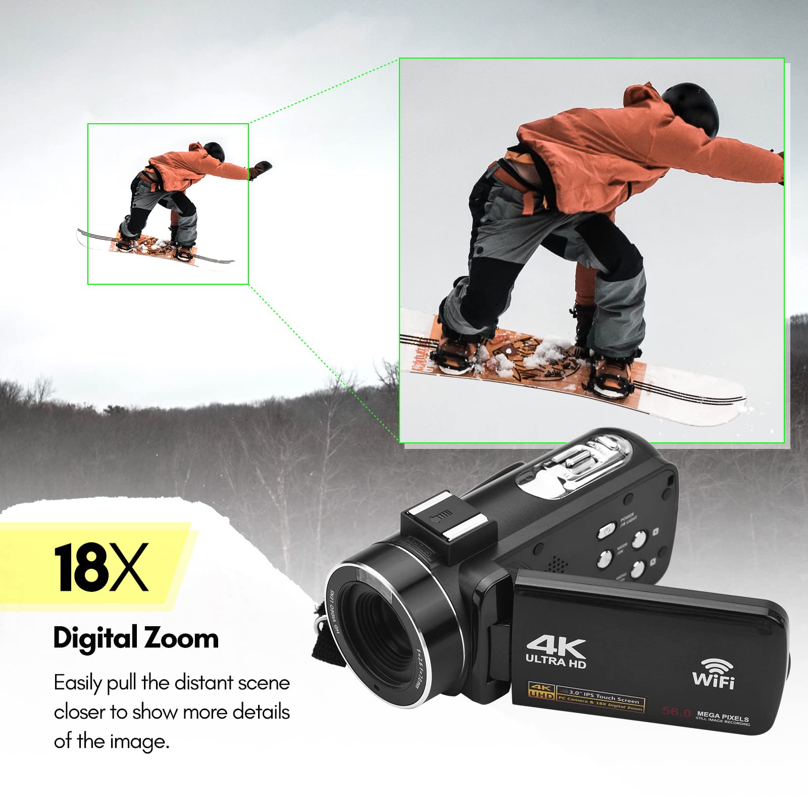 Andoer 4K WiFi Digital Camcorder with 56MP, 18X Zoom, 3