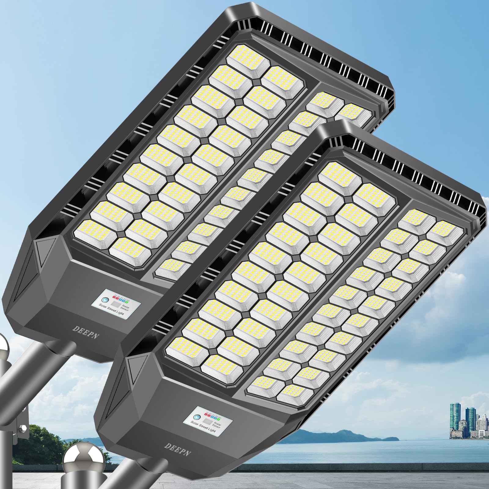 9000W Ultra-Bright Solar Street Lights IP67 Waterproof - 7500K Daylight White Solar Powered Outdoor Lighting for Parking Lots, Driveways & Pathways - Commercial Grade with Motion Sensor (2 Pack) - Ideal for Parking Areas, Walkways & Security Lighting