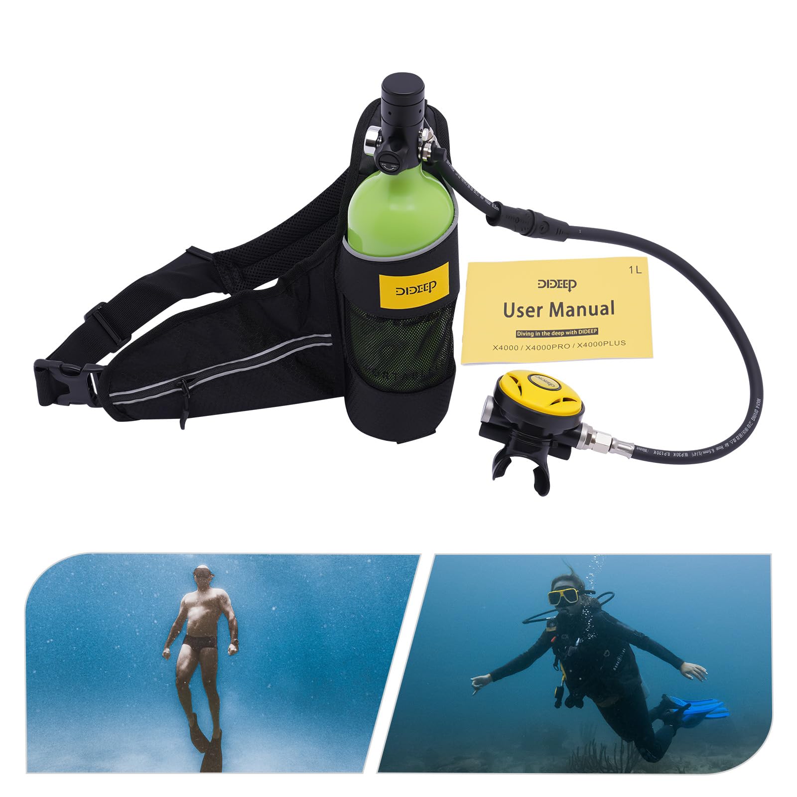 Refillable 1L Mini Scuba Tank with 15-20 Min Dive Time & 30ft Depth - Portable Oxygen Cylinder for Snorkeling, Diving & Emergency Use (Includes Carrying Strap) - Style 2