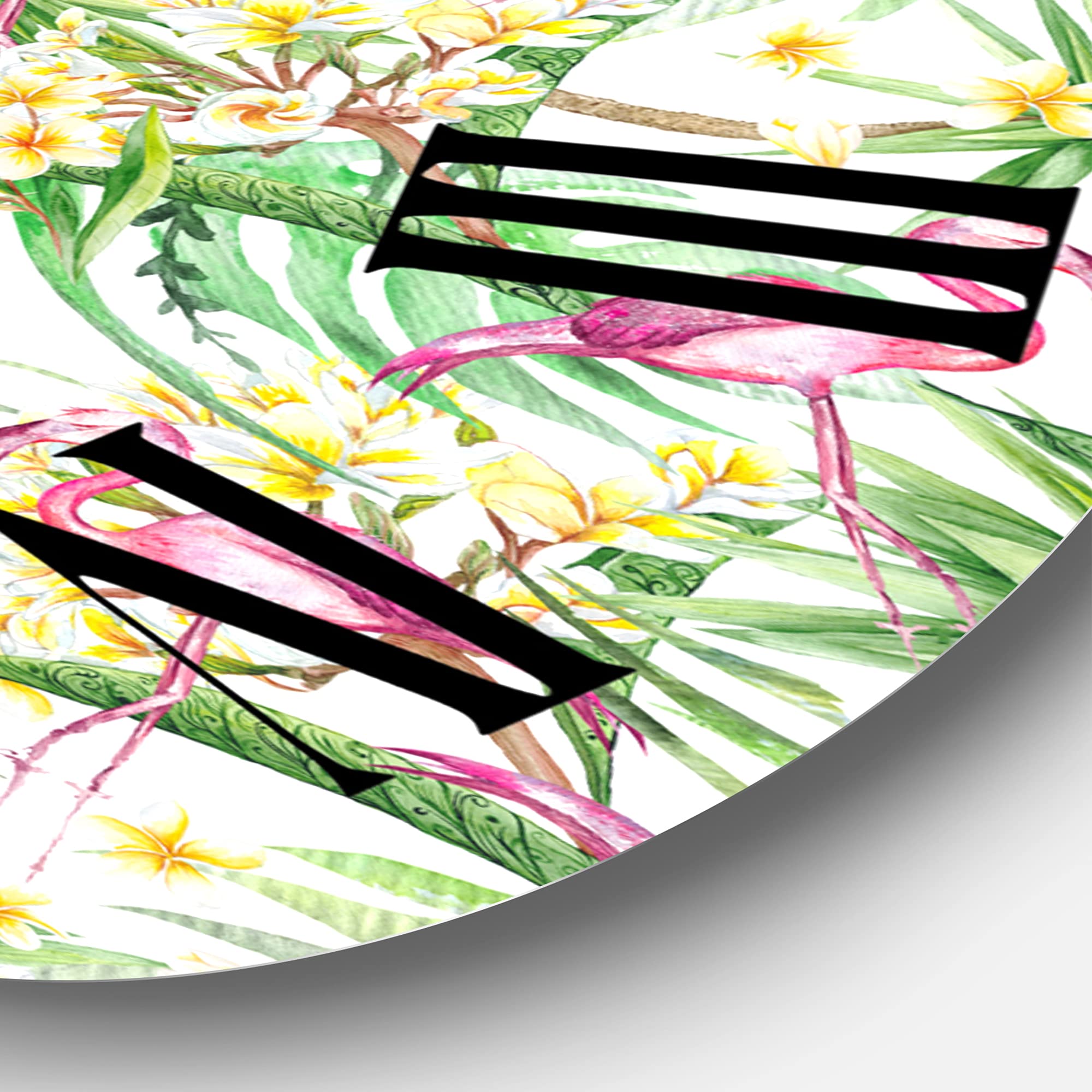 DesignQ Modern Wall Clock 'Tropical Foliage with Yellow Flowers & Flamingo II' - Large Floral Botanical Wall Clock for Home, Office & Living Room Decor | Perfect for Tropical & Boho Style Interiors