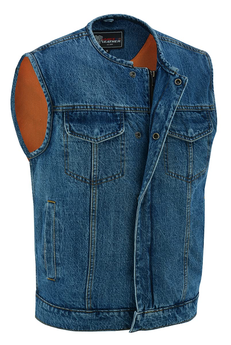 Vance Leathers Men's Black Denim Collarless Club Vest with Conceal Carry Pockets | Stylish Biker Jacket for Motorcycle Riding & Outdoor Activities | Perfect for Concealed Carry, Casual Wear & Night Out