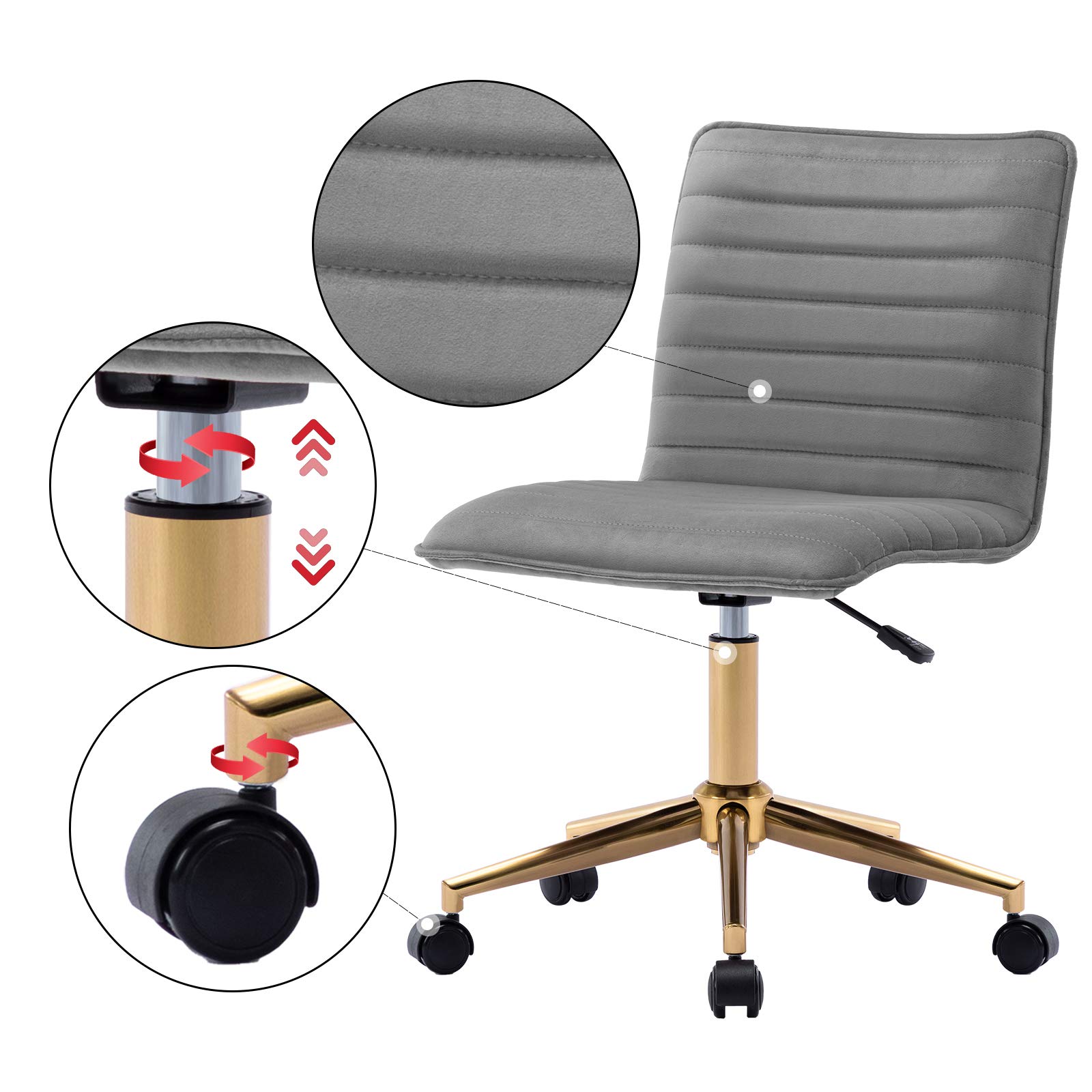 DUHOME Velvet Fabric Office Chair - Armless Swivel Computer Desk Chair for Home & Office, Ergonomic Task Chair in Grey | Perfect for Workstations, Gaming & Study Spaces