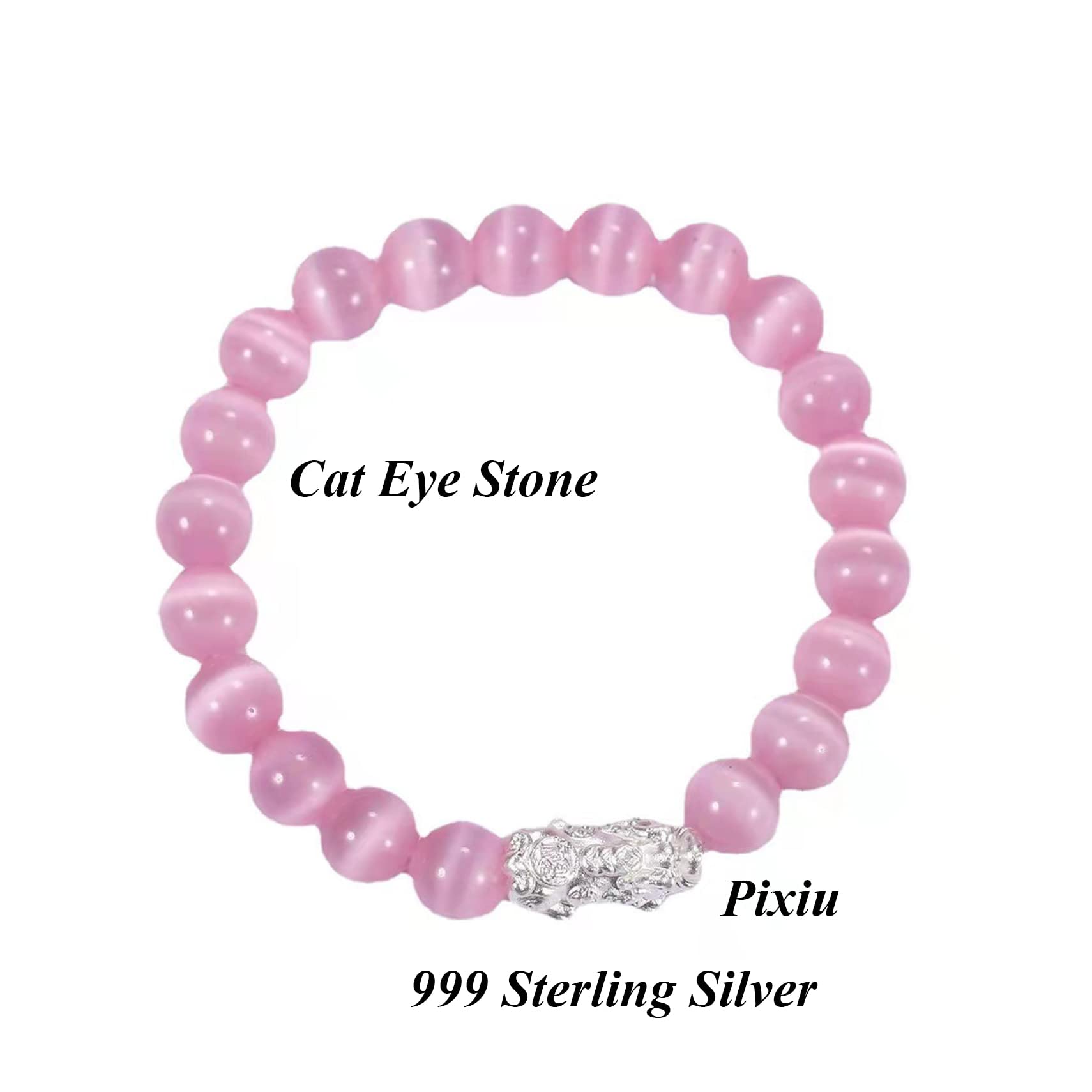 Feng Shui Bracelet for Women - Sterling Silver Pixiu Bracelet with Natural Cat Eye Stone & Crystal Chakra Stones - Good Luck Talisman Jewelry for Wealth & Protection - Perfect for Meditation, Gifts & Positive Energy