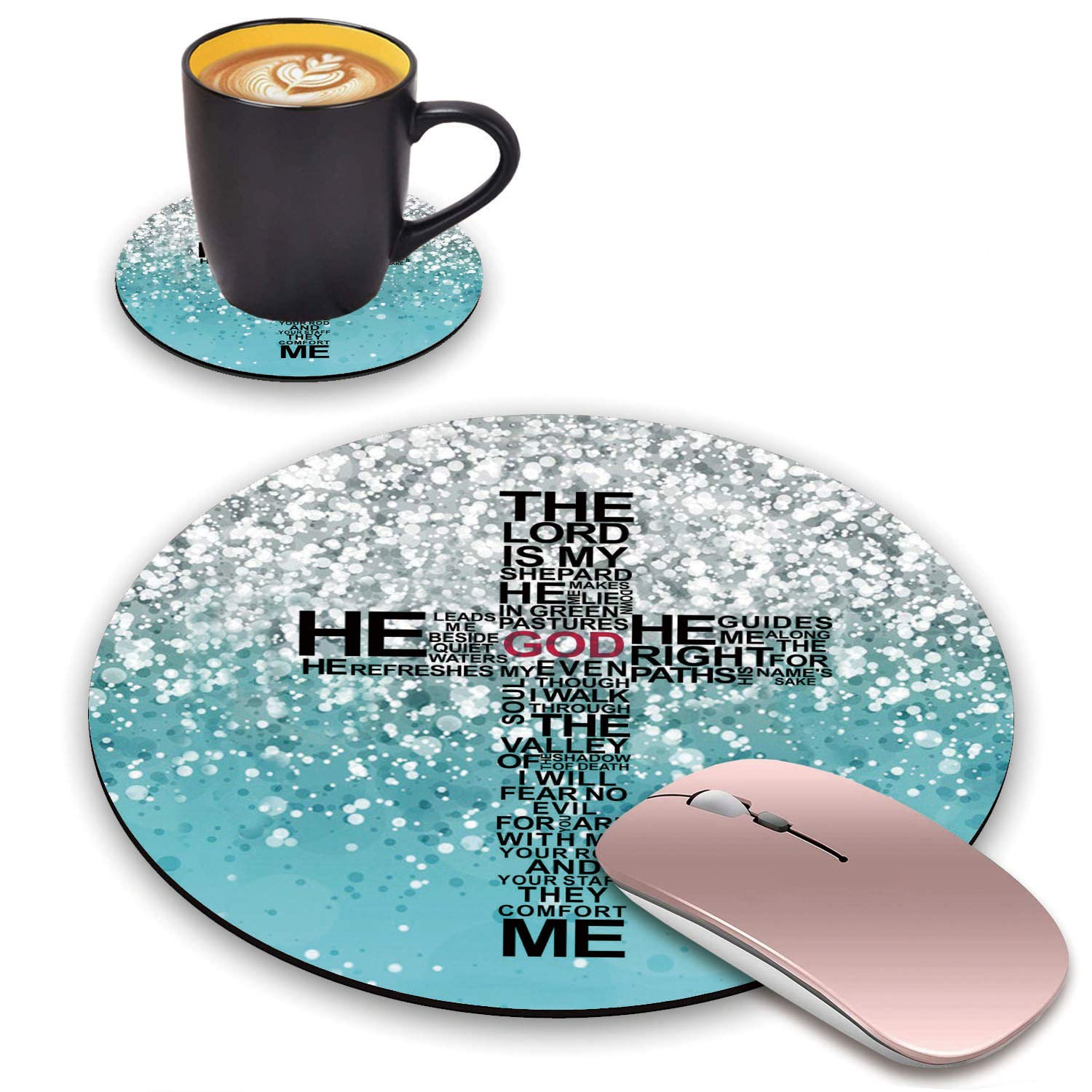Blue Glitter Round Mouse Pad & Coasters Set with Christian Cross Design - Non-Slip Rubber Base for Laptop, Computer, Office & Gaming Use
