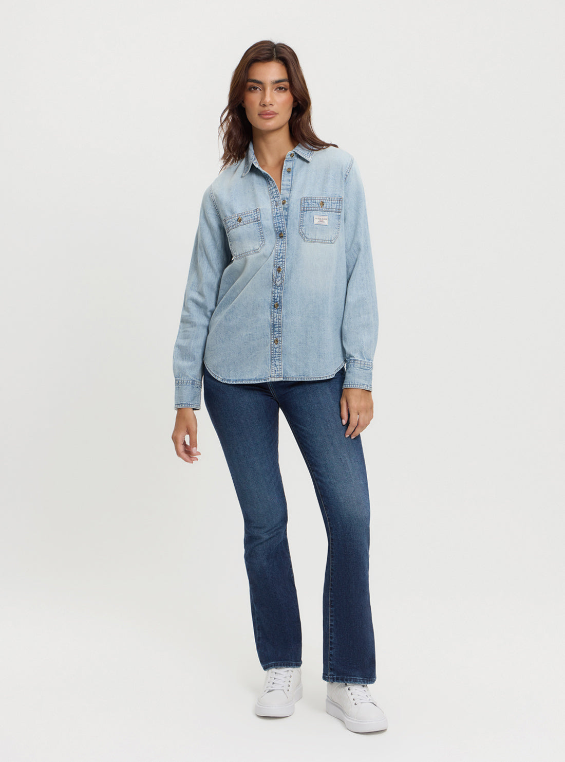 Guess Women's Blue Denim Shirt - Classic Regular Fit Button Down Shirt for Casual Wear, Layering & Everyday Outfits