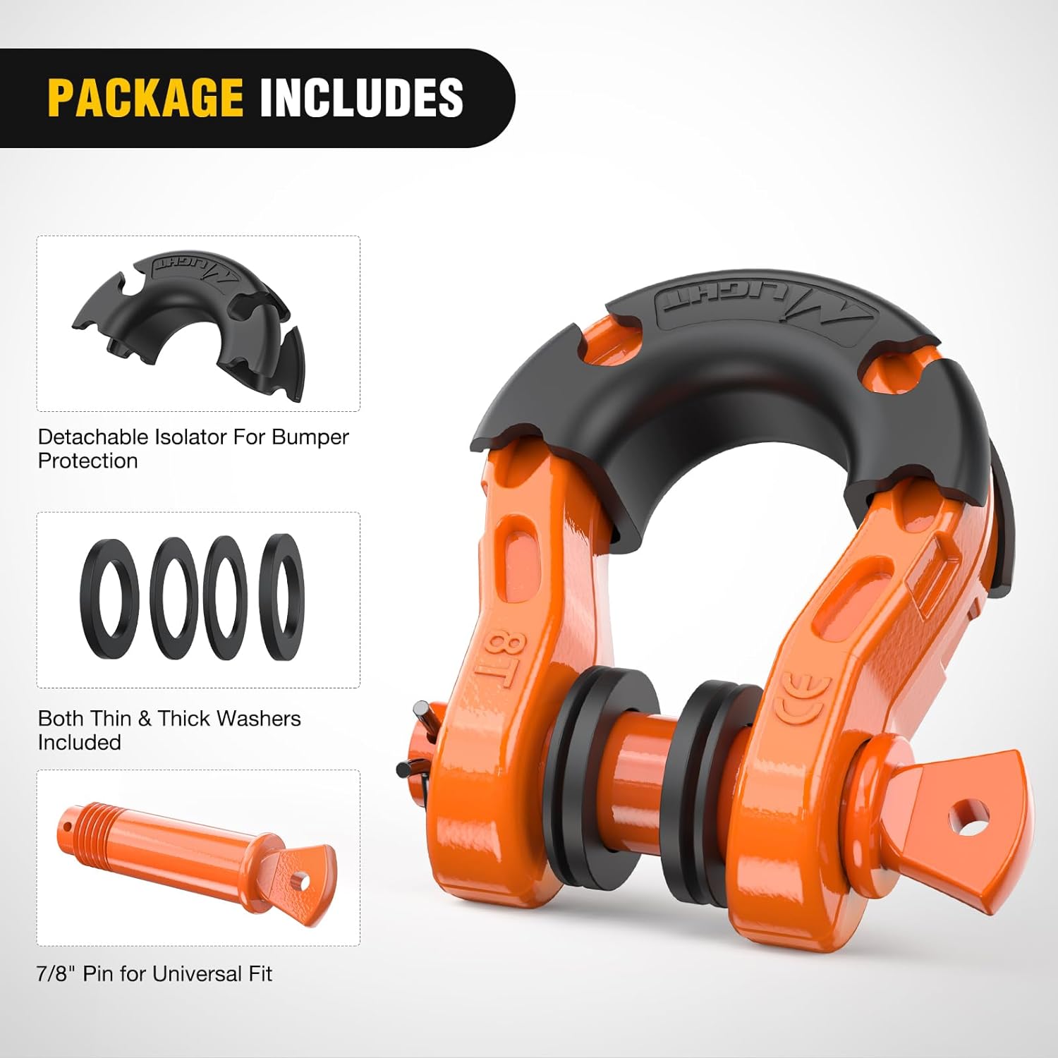 3/4 Inch Mega D Ring Shackle with 7/8 Inch Screw Pin - 68,000 lbs Capacity - Orange (Pair) - Heavy Duty Towing, Off-Road Recovery, Marine & Industrial Use