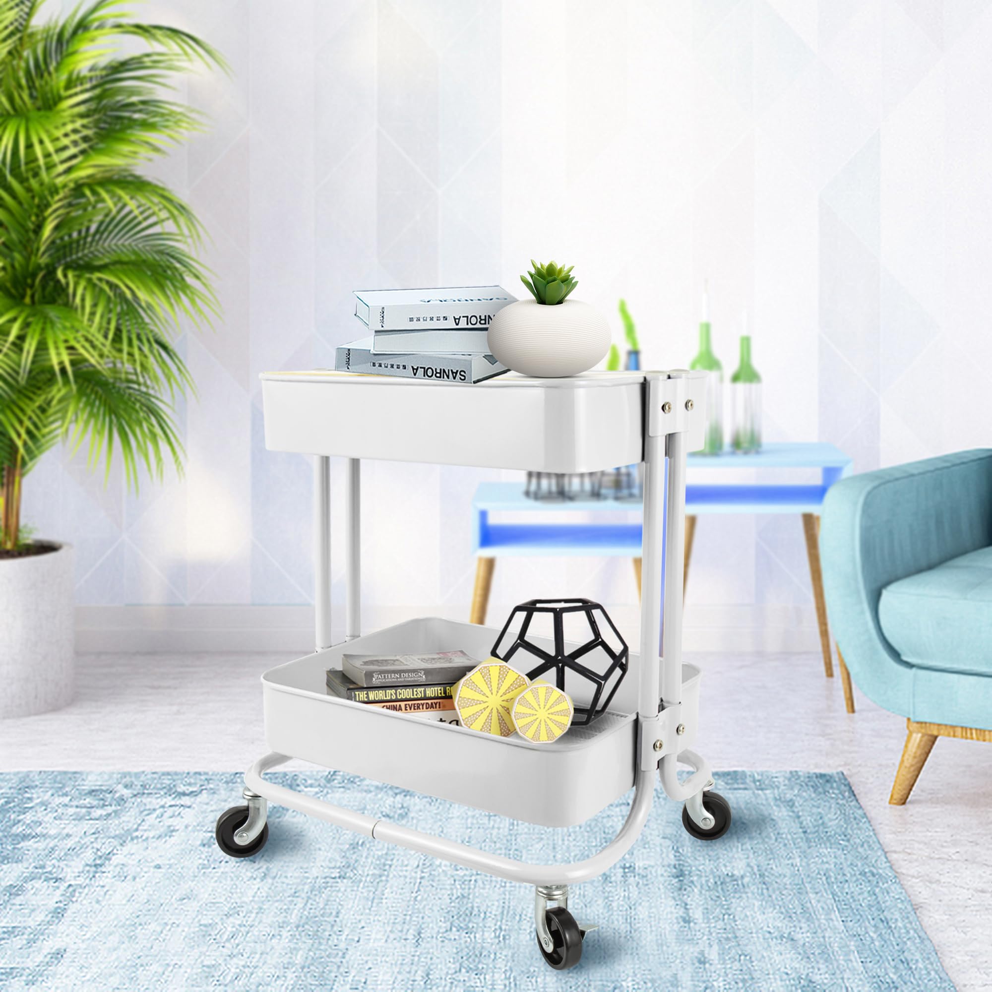 2 Tier Rolling Cart with Wheels - Sturdy Metal Utility Cart for Office, Home & Kitchen Storage | Perfect for Organizing Supplies, Books, or Cooking Essentials