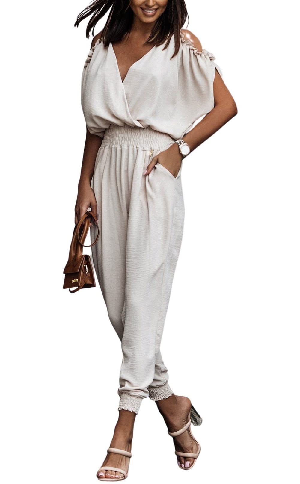 Women's Smocked High Waist Cold Shoulder Jumpsuit - Summer One Piece Romper with Pants for Casual Outings & Beach Vacations