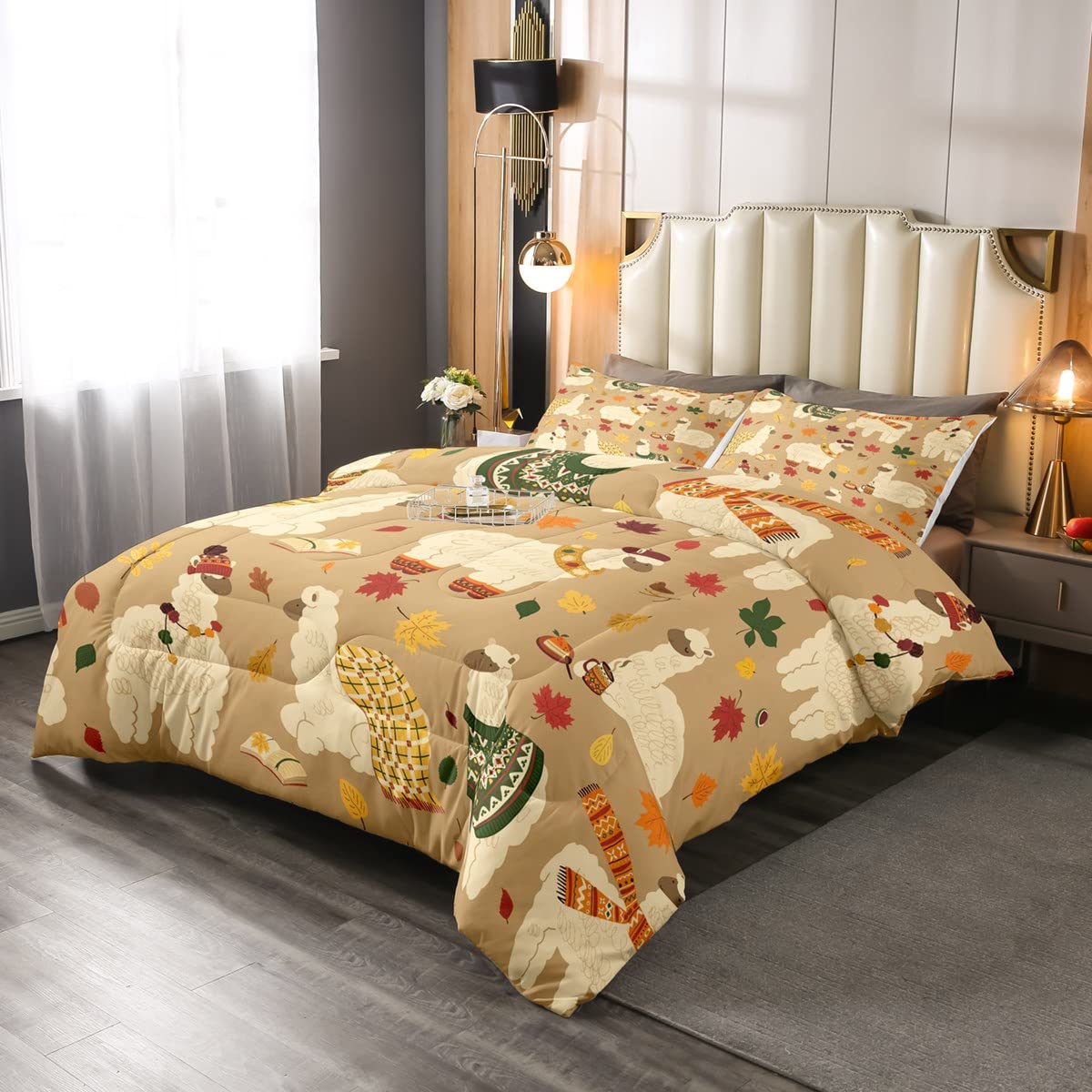 Queen Size Alpaca Comforter Set - Kawaii Animal Sweater Design & Autumn Maple Leaves Print Duvet Cover with 2 Pillowcases - Soft Khaki Bedding for Cozy Bedroom Decor | Perfect for Kids' Rooms, Dorm Essentials & Fall-Themed Home Decor