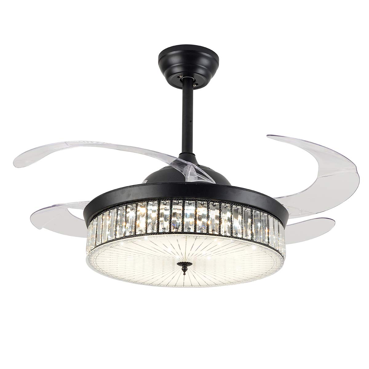 OUKANING 42 Inch Black Crystal Ceiling Fan with LED Lights - Remote Control, 3-Speed Retractable Blades, Ultra Quiet for Bedroom & Dining Room | Modern Chandelier Design for Home Cooling and Elegant Lighting