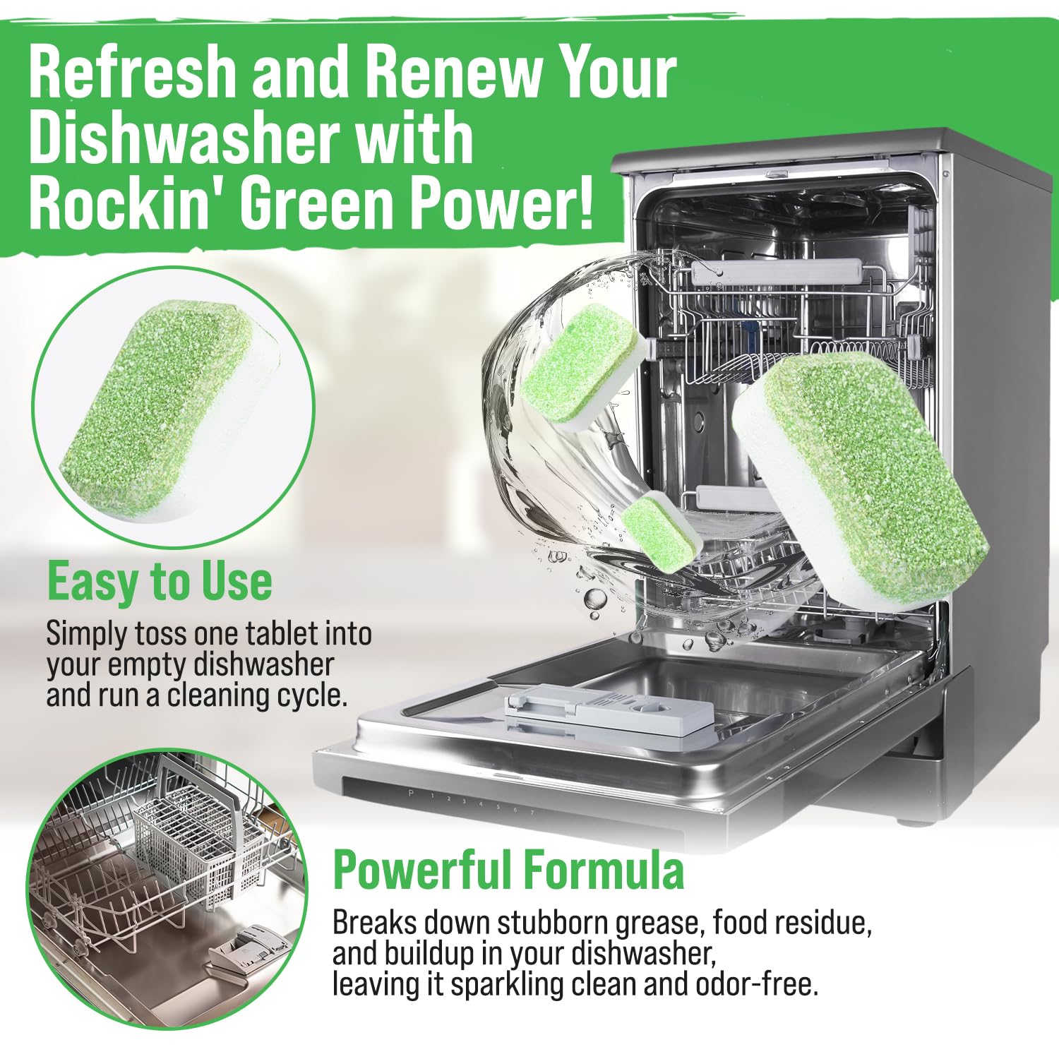 Rockin' Green Dishwasher Cleaner Tablets (8 Pack) - Septic Safe, Citric Acid Powered Dishwasher Cleaning & Deodorizing Tablets - Removes Limescale & Odor Buildup - Sweet Child O'Lime Scent - Perfect for Deep Cleaning & Maintaining Dishwashers in Homes & Restaurants