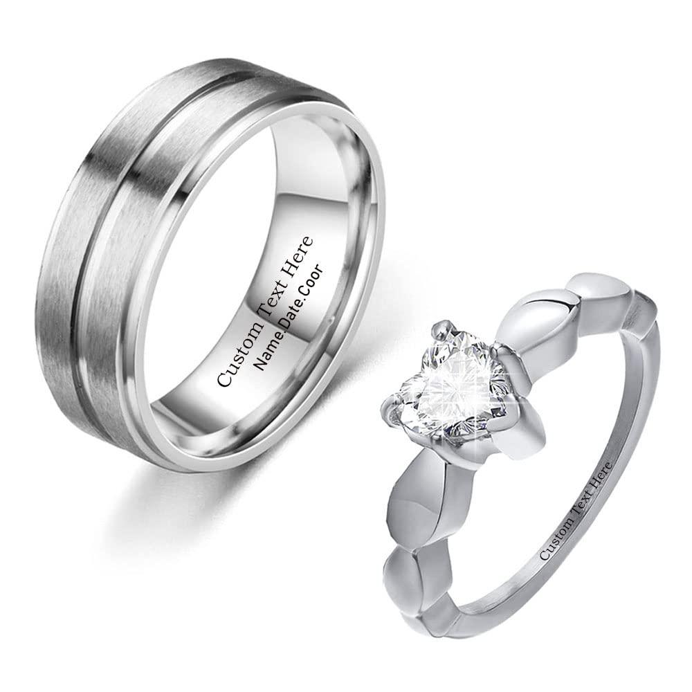 Personalized Couple Rings for Him and Her - Titanium Black CZ Matching Promise, Wedding & Engagement Ring Set - Cubic Zirconia Comfort Fit Bands for Women & Men - Perfect for Anniversaries, Proposals and Romantic Gifts