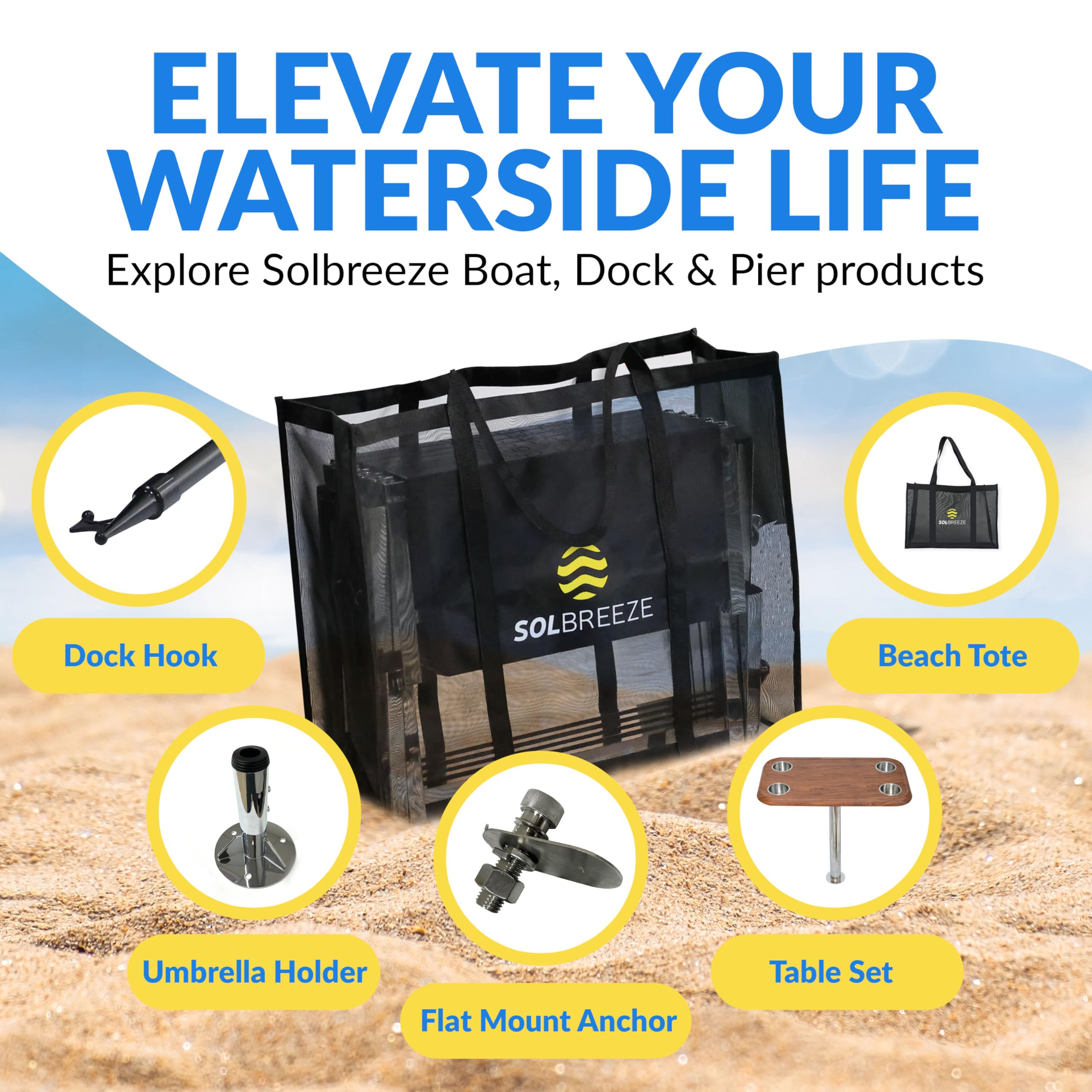 SOLBREEZE XX-Large Beach Tote Bag - Heavy Duty 60 lbs Capacity, Fits 2 Beach Chairs, Water-Resistant Black Sand Carrier | Perfect for Beach Trips, Poolside Lounging & Summer Vacations