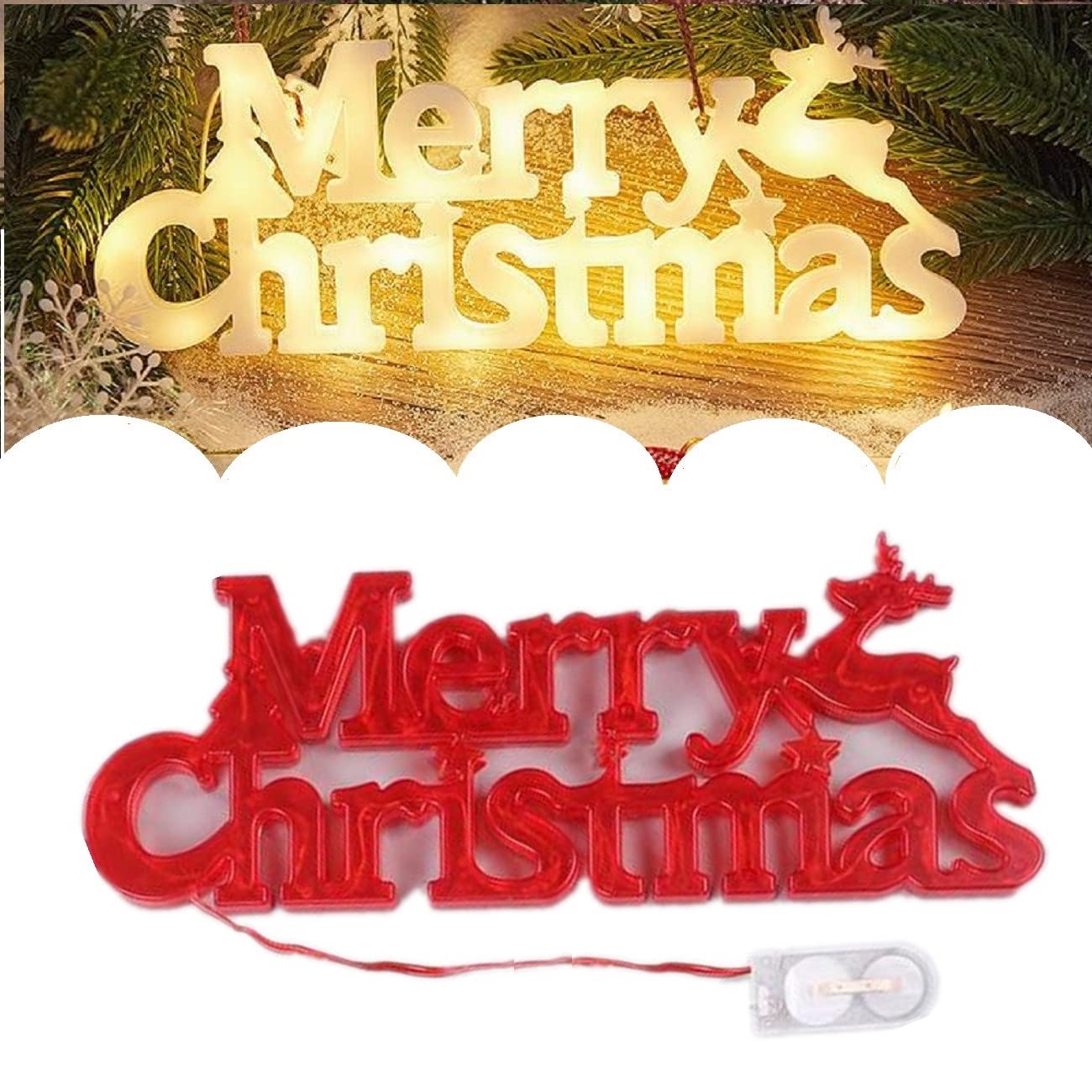 TOKLYUIE Merry Christmas LED Letter Sign Light Lamp - Red Lighted Holiday Decor for Indoor & Outdoor Use - Perfect for Front Door, Window, and Yard Christmas Decorations